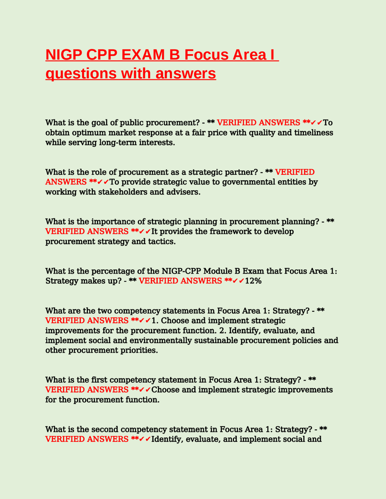 NIGP CPP Exam B Focus Area I: Strategy - Questions and Answers | Exams ...