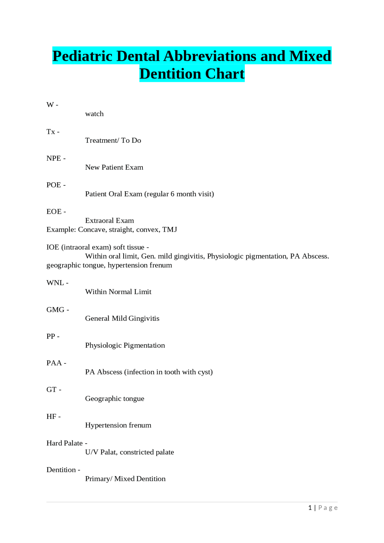 Pediatric Dental Abbreviations & Mixed Dentition Chart A Guide for