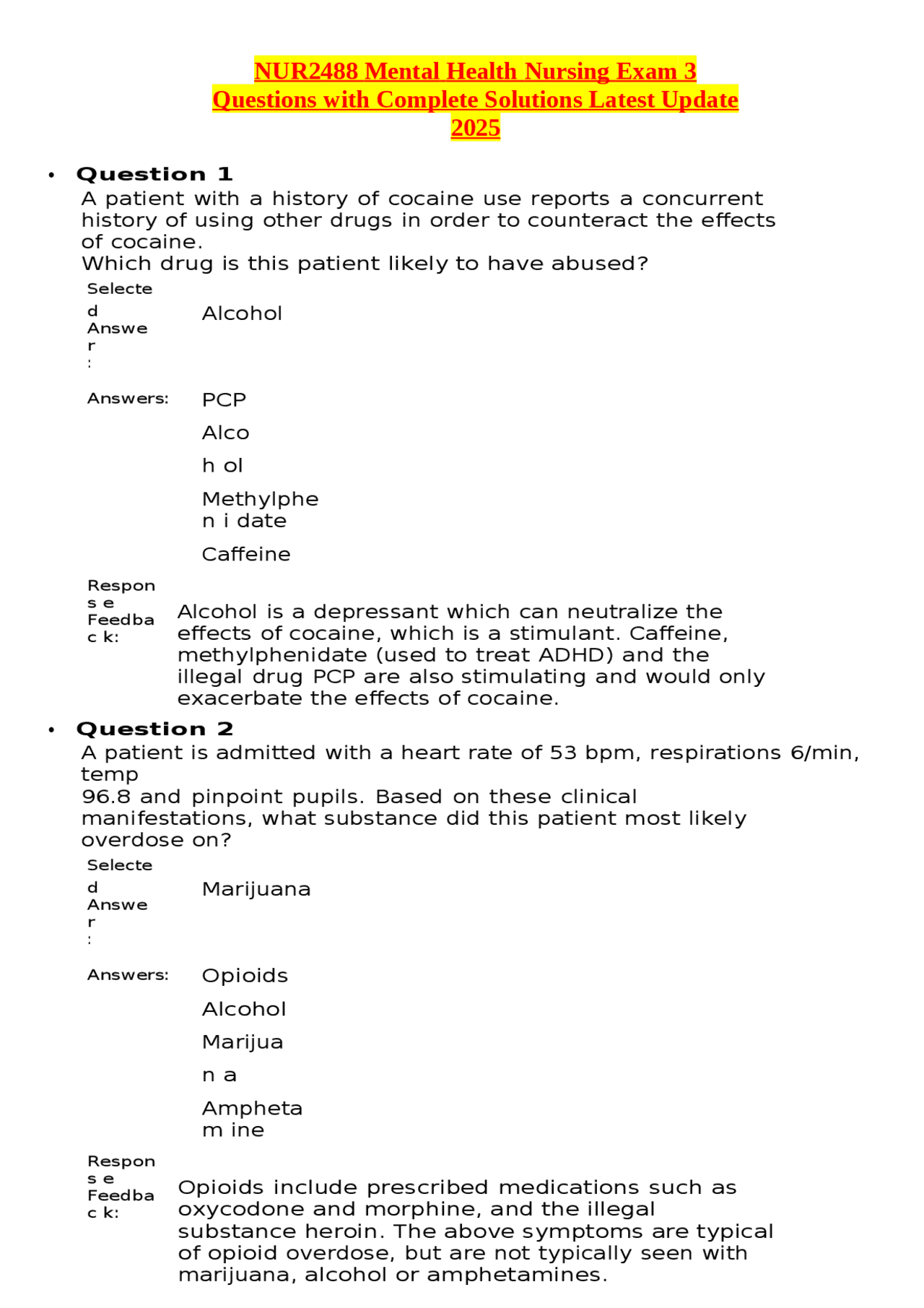 NUR2488 Mental Health Nursing Exam 3 Questions with Complete Solutions ...