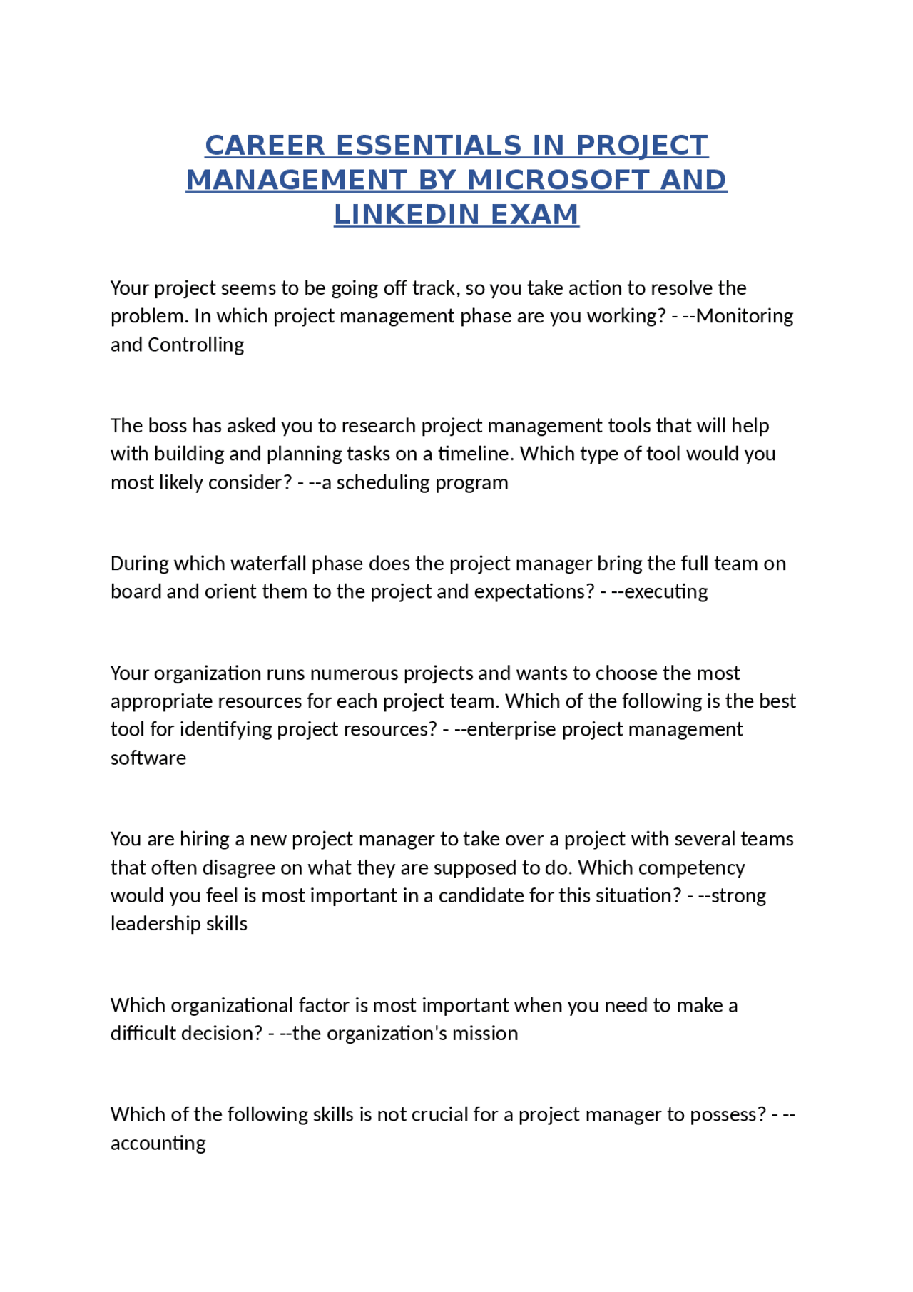 CAREER ESSENTIALS IN PROJECT MANAGEMENT BY MICROSOFT AND LINKEDIN EXAM ...