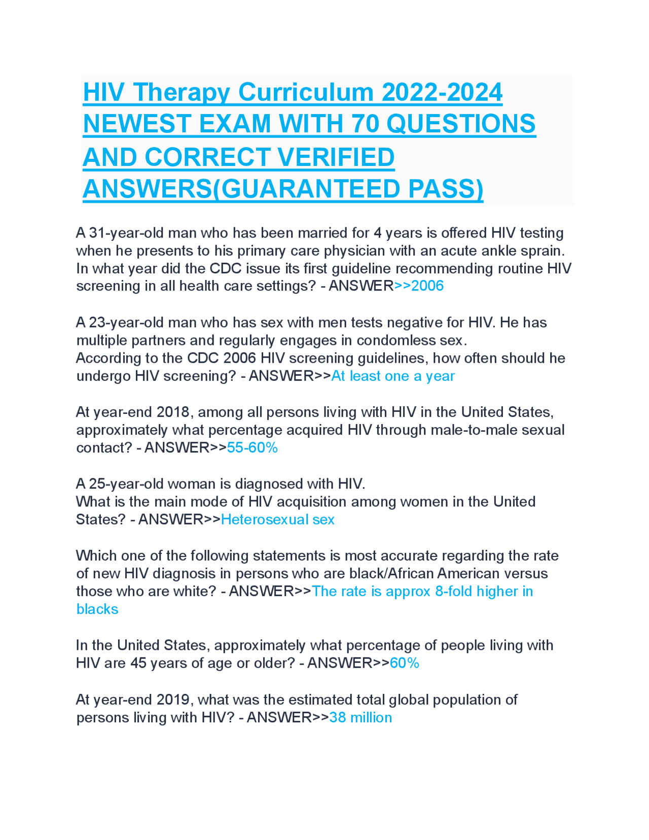 Questions Hiv HIV Therapy Curriculum: Exam with 70 Questions and Answers | Exams ...