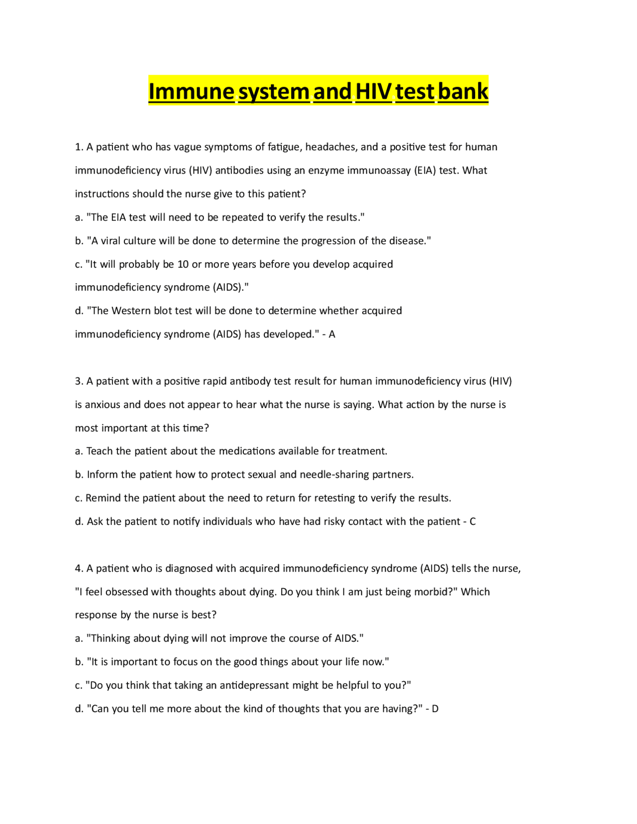 HIV/AIDS Nursing Care: Multiple Choice Questions and Answers | Exams ...