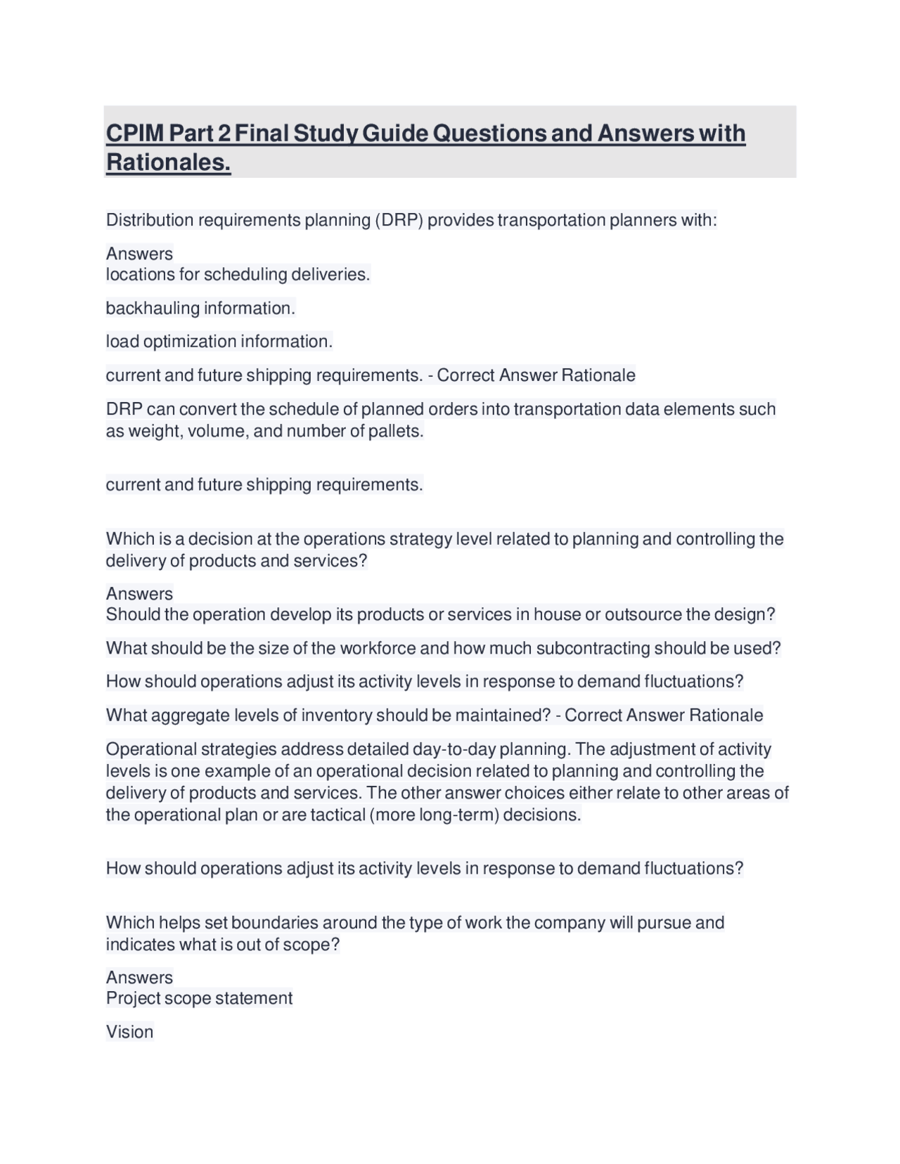 CPIM Part 2 Final Study Guide: Questions and Answers with Rationales ...