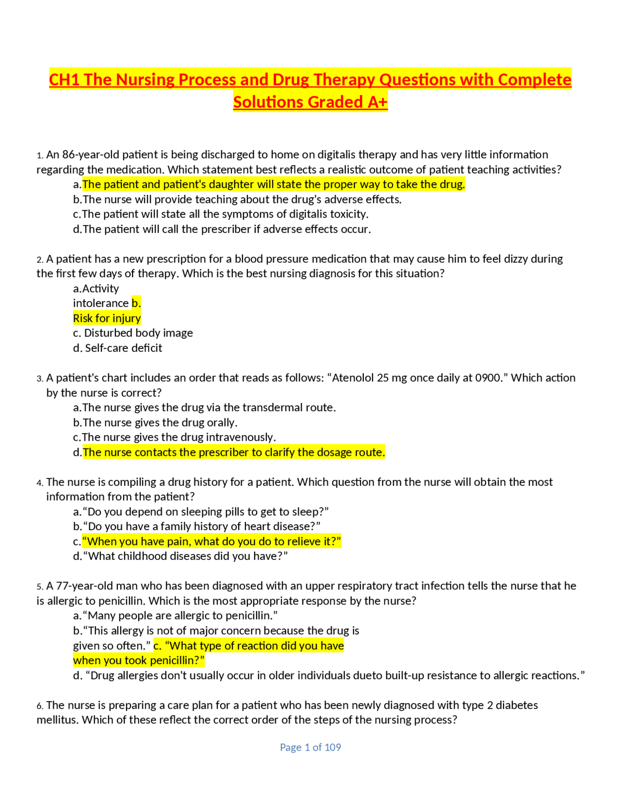 Nursing Process and Drug Therapy: Questions with Complete Solutions ...