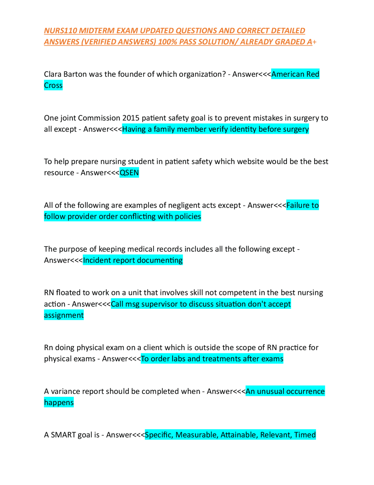NURS110 Midterm Exam: Updated Questions and Answers | Exams Nursing ...