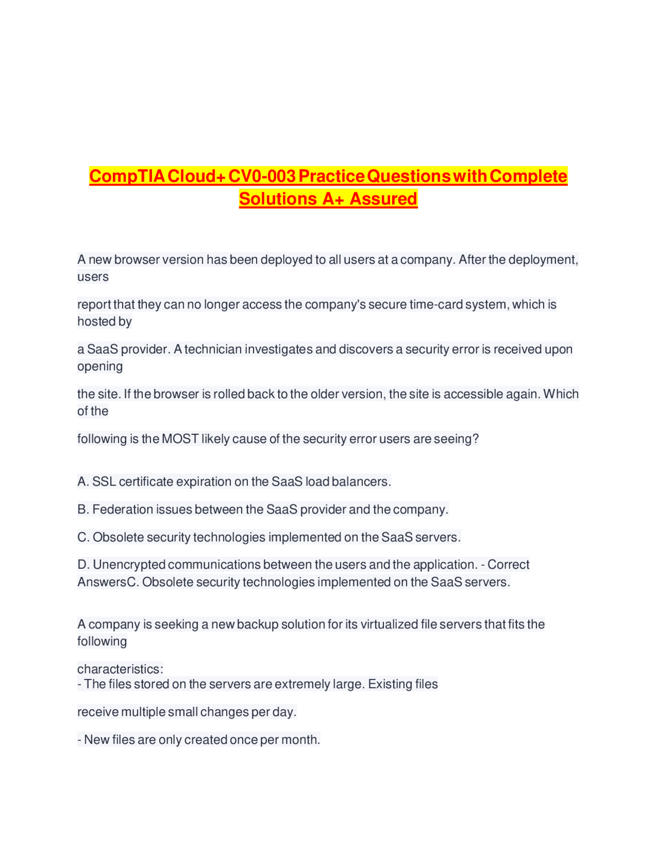 CompTIA Cloud+ CV0-003 Practice Questions with Complete Solutions ...