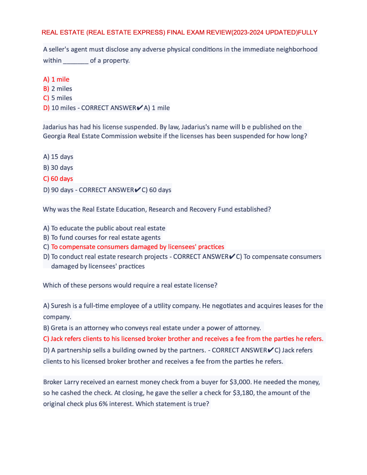 REAL ESTATE (REAL ESTATE EXPRESS) FINAL EXAM REVIEW(2023-2024 UPDATED)FULLY SOLVED | Exams Real ...