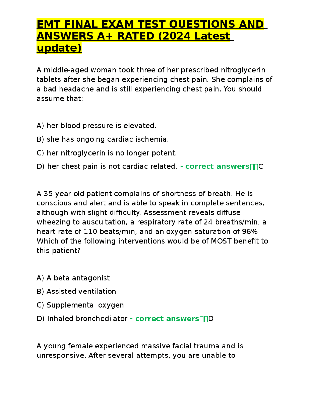 EMT FINAL EXAM TEST QUESTIONS AND ANSWERS A+ RATED (2024 Latest update ...