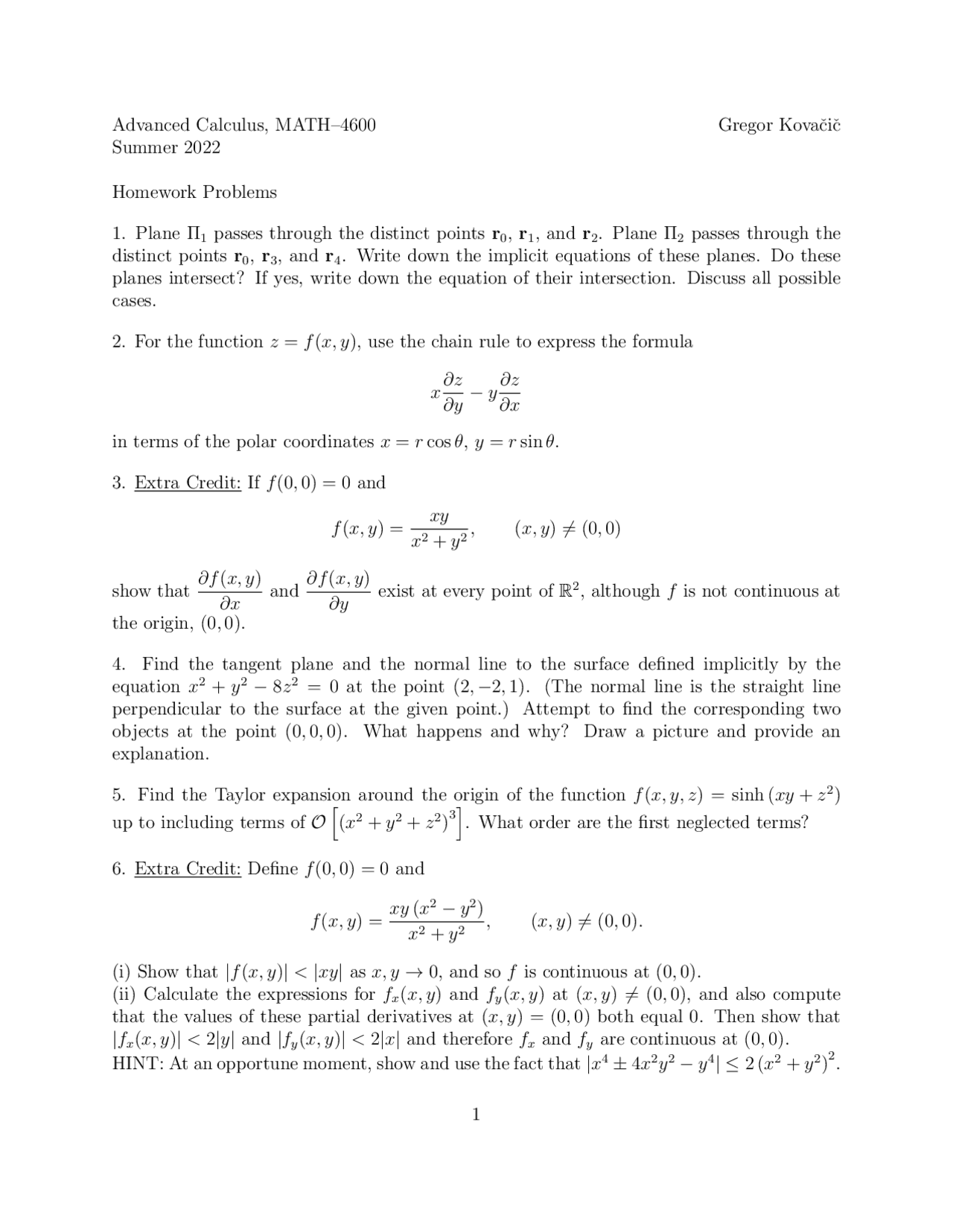 Advanced Calculus Homework Problems: MATH-4600 | Assignments ...