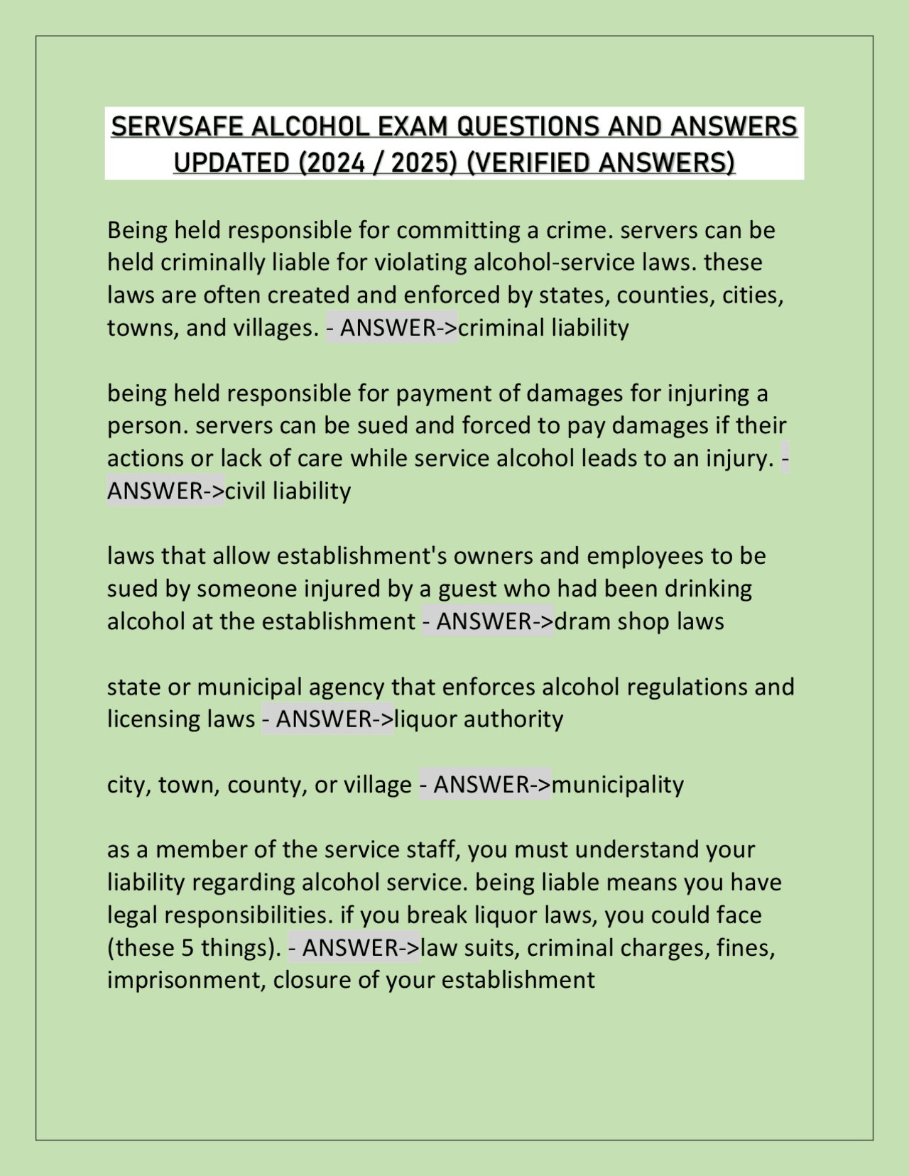 SERVSAFE ALCOHOL EXAM QUESTIONS AND ANSWERS UPDATED (2024 2025 ...