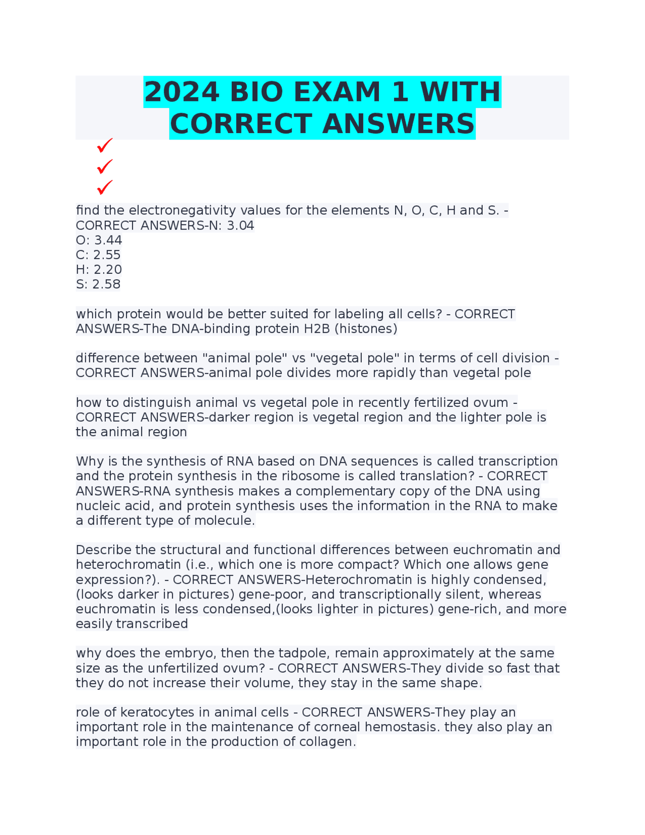 2024 BIO EXAM 1 WITH CORRECT ANSWERS | Exams Advanced Education | Docsity