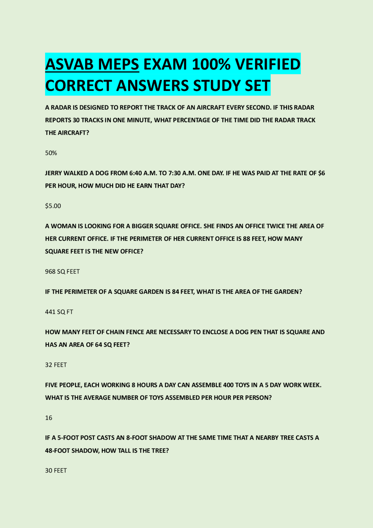 Meps Test Practice ASVAB MEPS EXAM 100% VERIFIED CORRECT ANSWERS STUDY SET | Exams ...