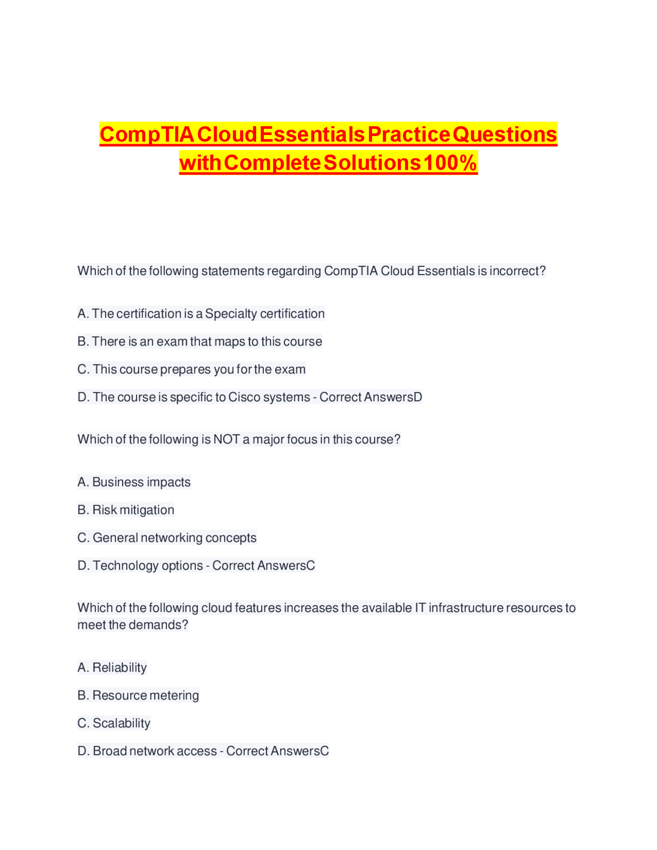 CompTIA Cloud Essentials Practice Questions with Complete Solutions 100 ...