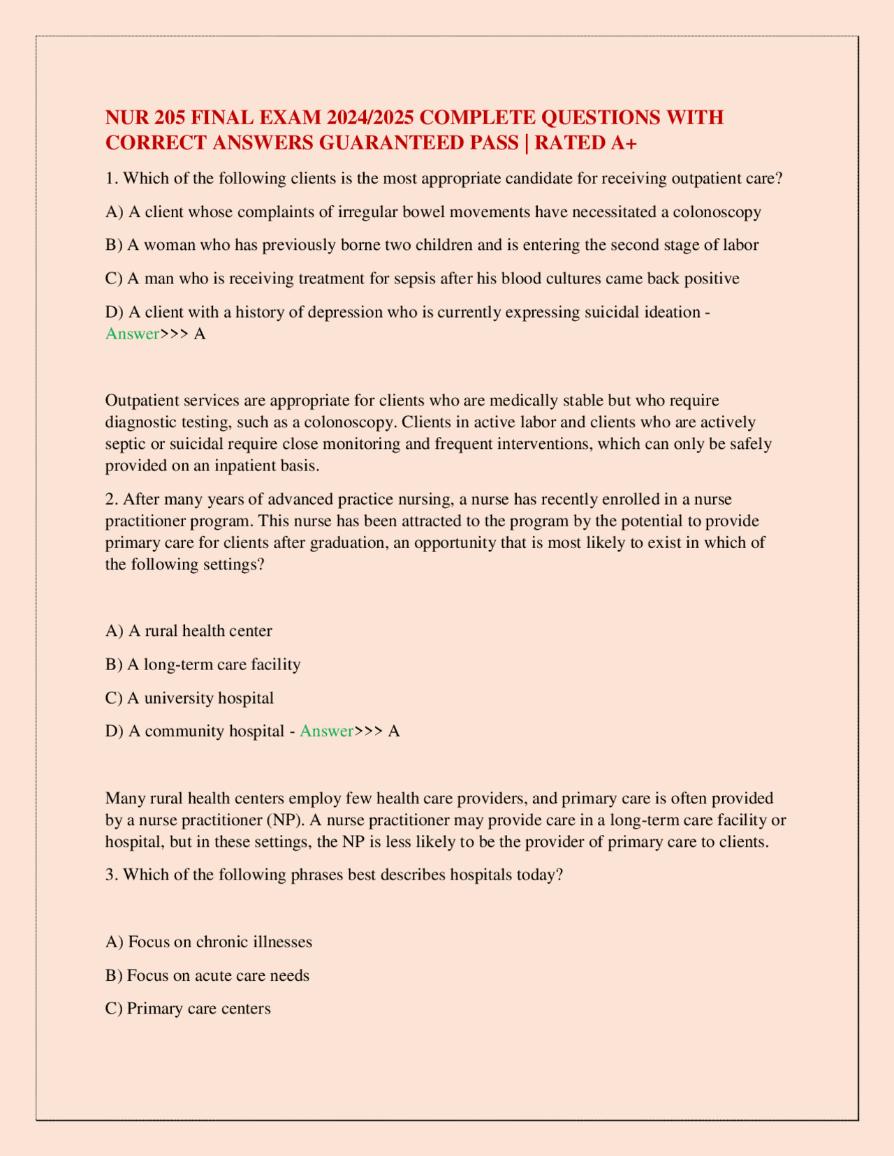 NUR 205 FINAL EXAM 2024/2025 COMPLETE QUESTIONS WITH CORRECT ANSWERS ...