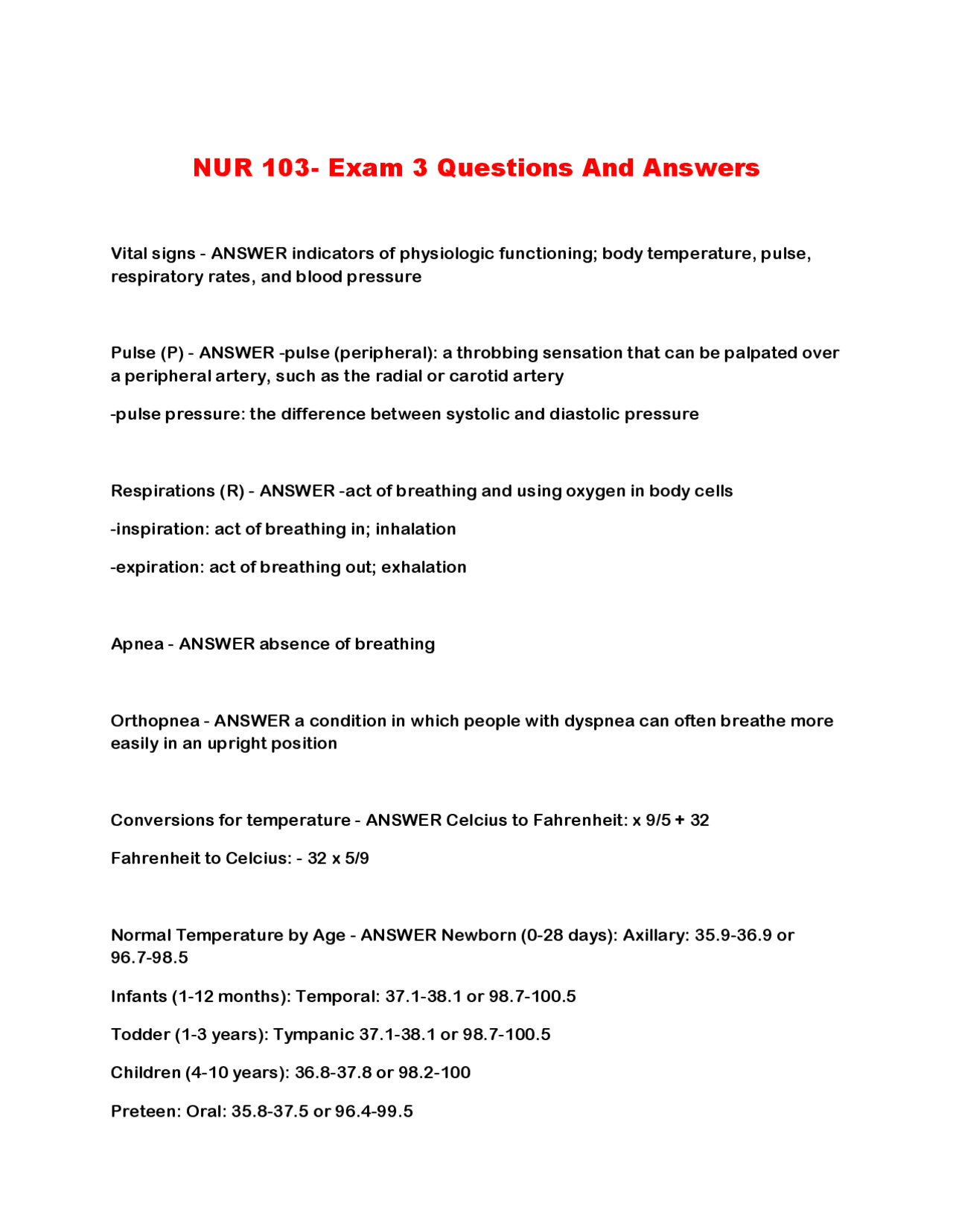 NUR 103 - Exam 3 Questions and Answers: Vital Signs, Health Assessment ...