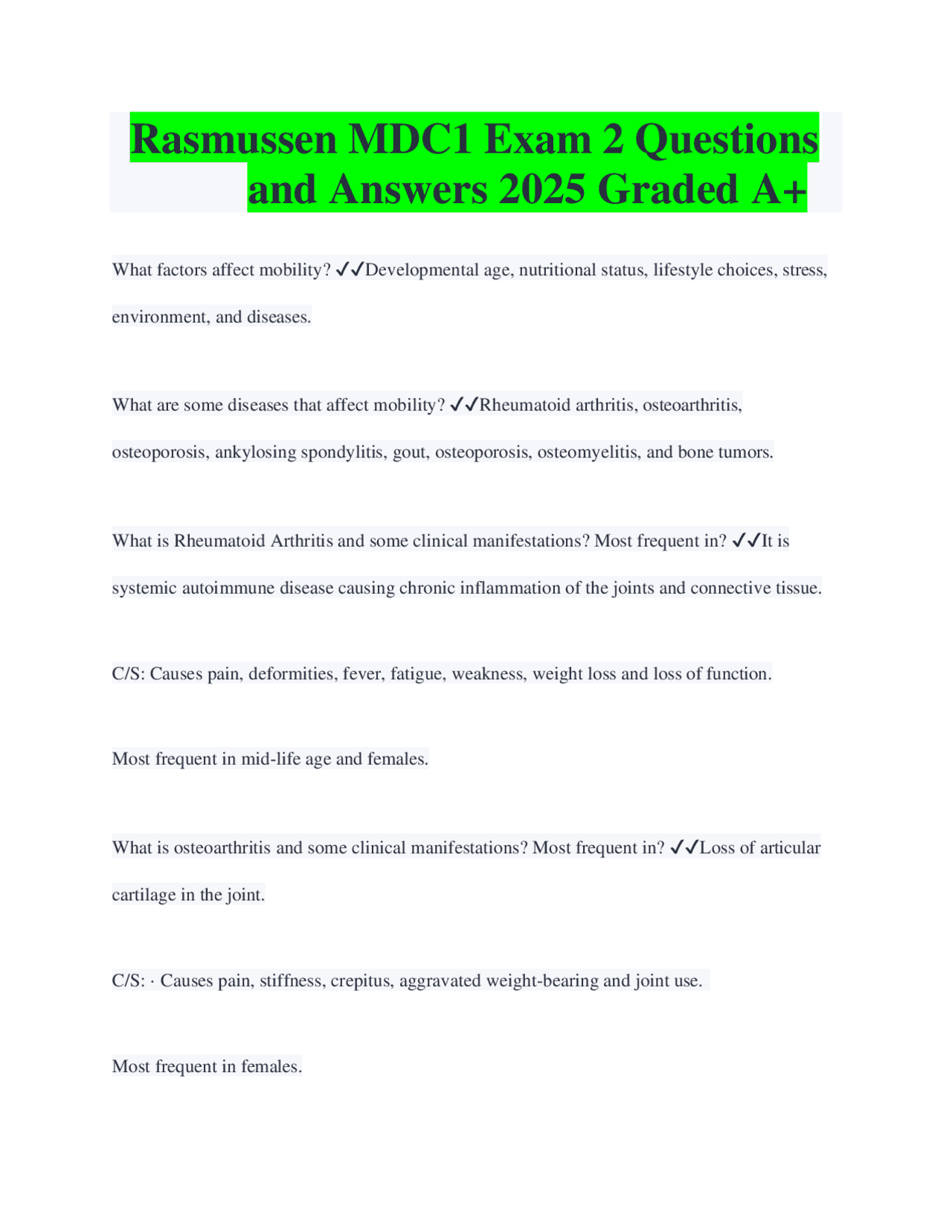Rasmussen MDC1 Exam 2 Questions and Answers 2025 Graded A+ | Exams ...