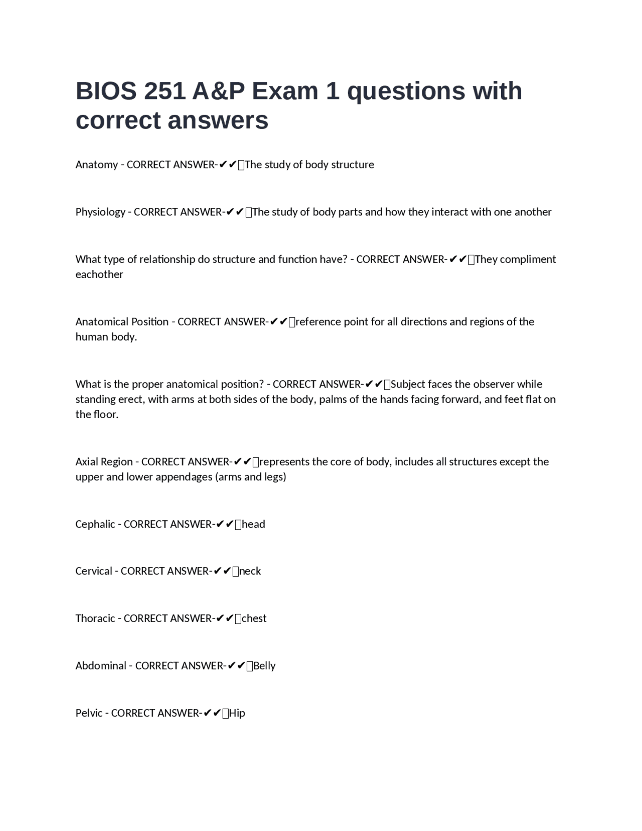 BIOS 251 A&P Exam 1 Questions and Answers: Anatomy and Physiology ...