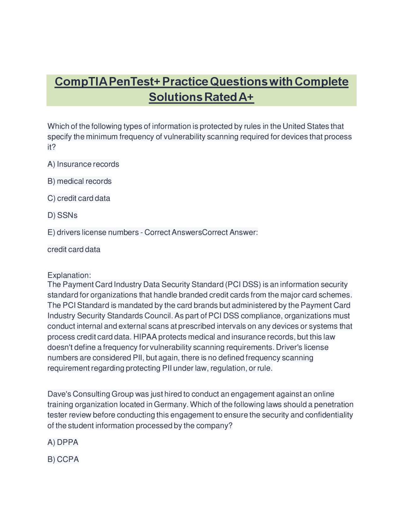 CompTIA PenTest+ Practice Questions with Complete Solutions Rated A+ ...
