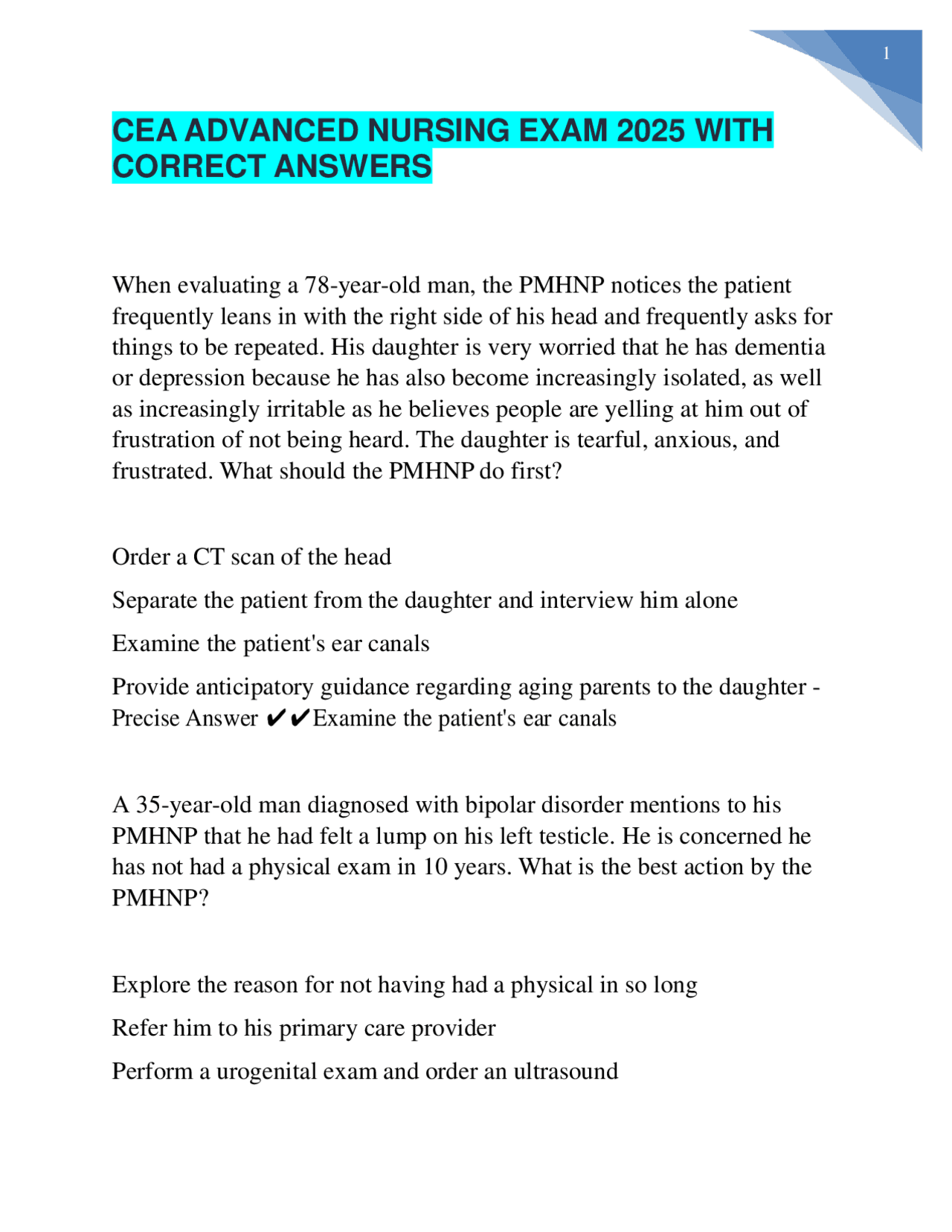 CEA Advanced Nursing Exam 2025: Practice Questions and Answers | Exams ...