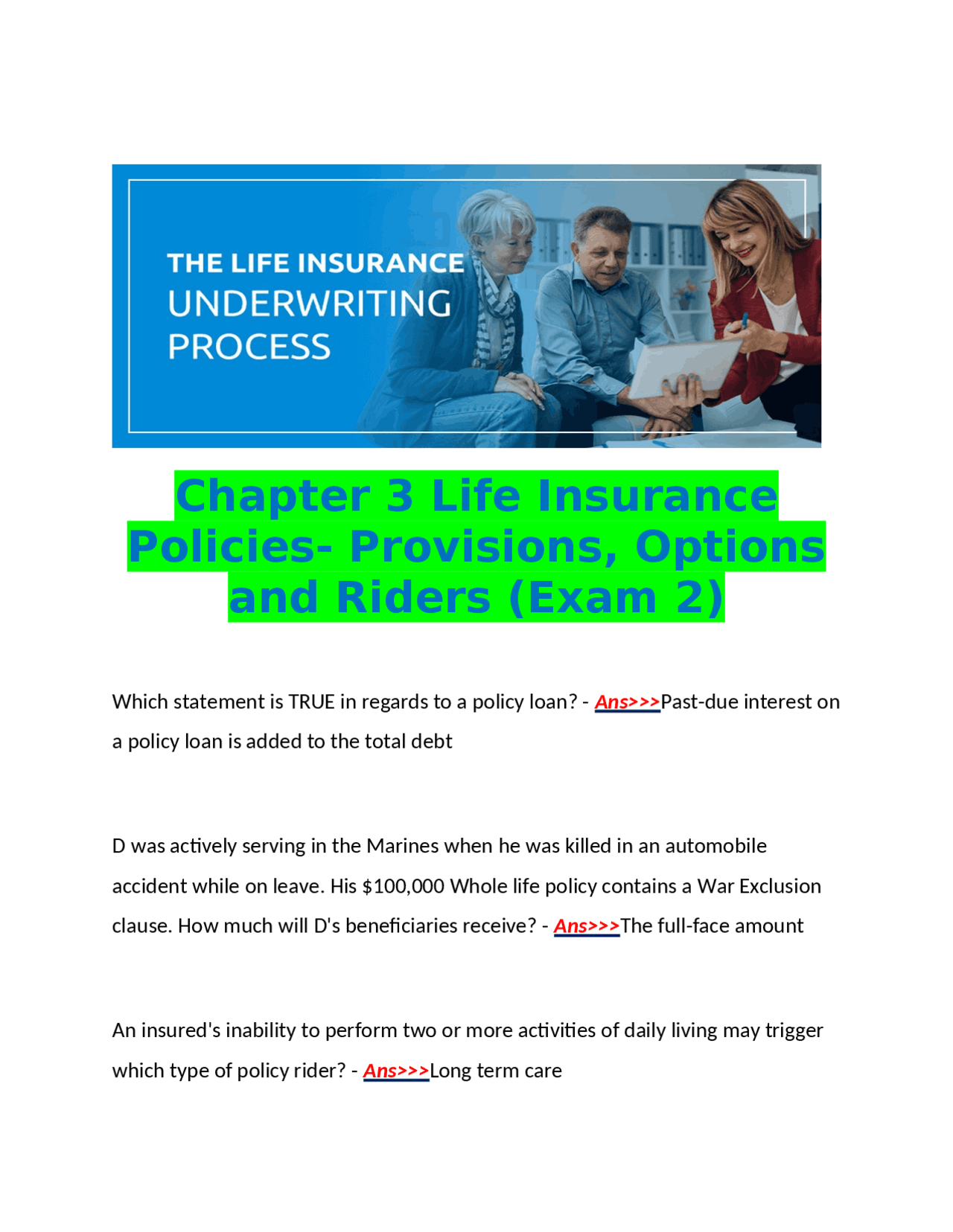 Life Insurance Policies: Provisions, Options, and Riders (Exam 2 ...
