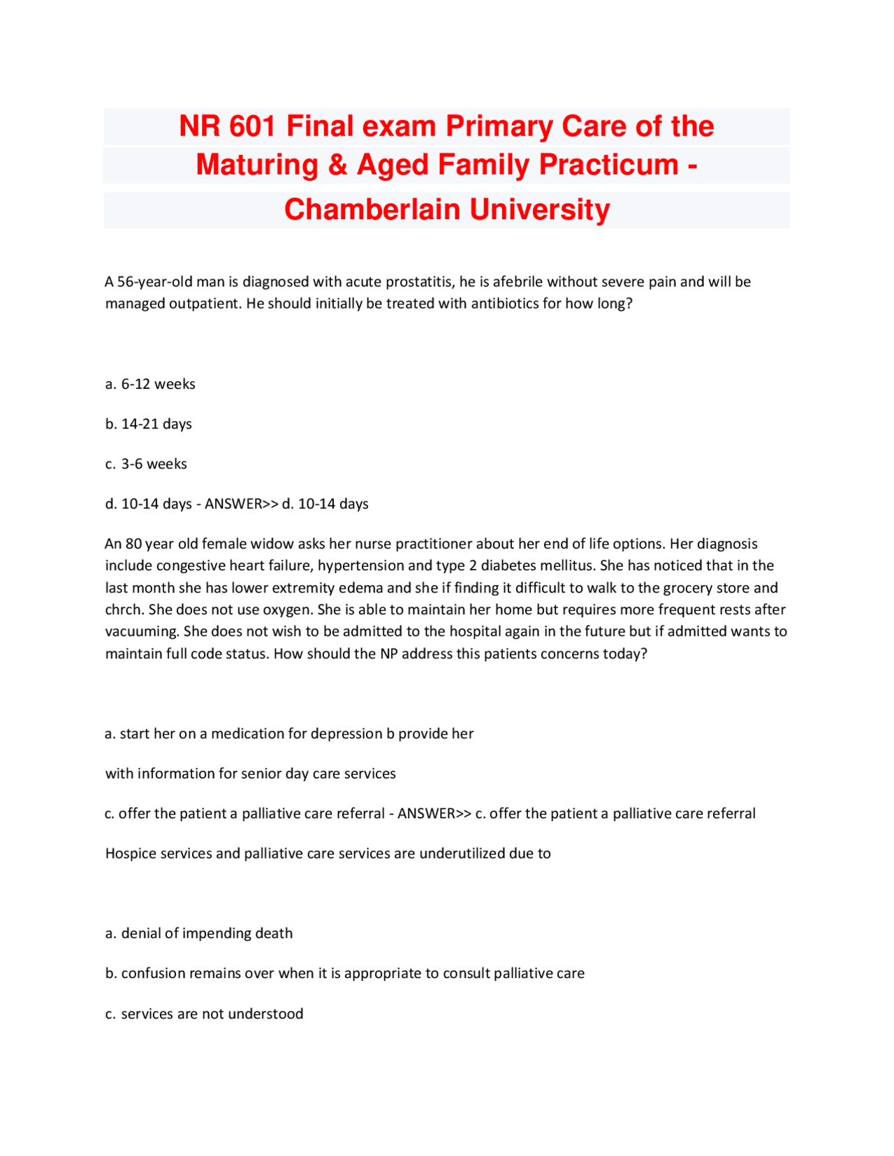 NR 601 Final exam Primary Care of the Maturing & Aged Family Practicum ...