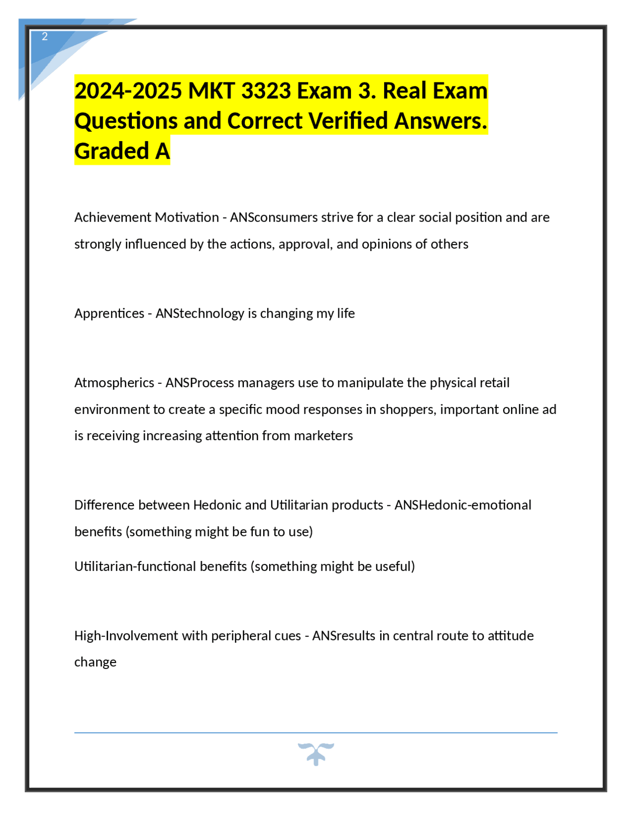 2024 2025 Mkt 3323 Exam 3 Real Exam Questions And Correct Verified