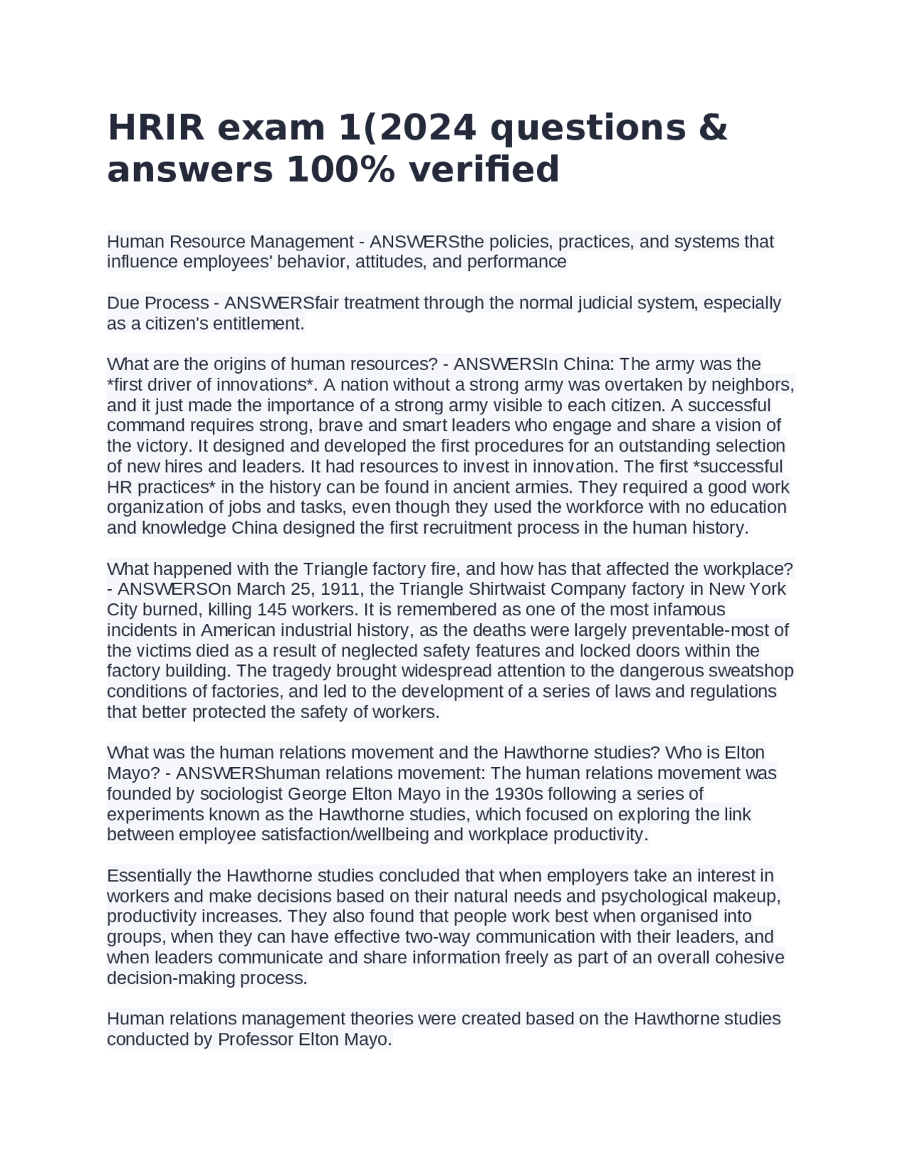 Hrr Answer Key HRIR Exam 1: Human Resource Management - Questions and Answers | Exams ...