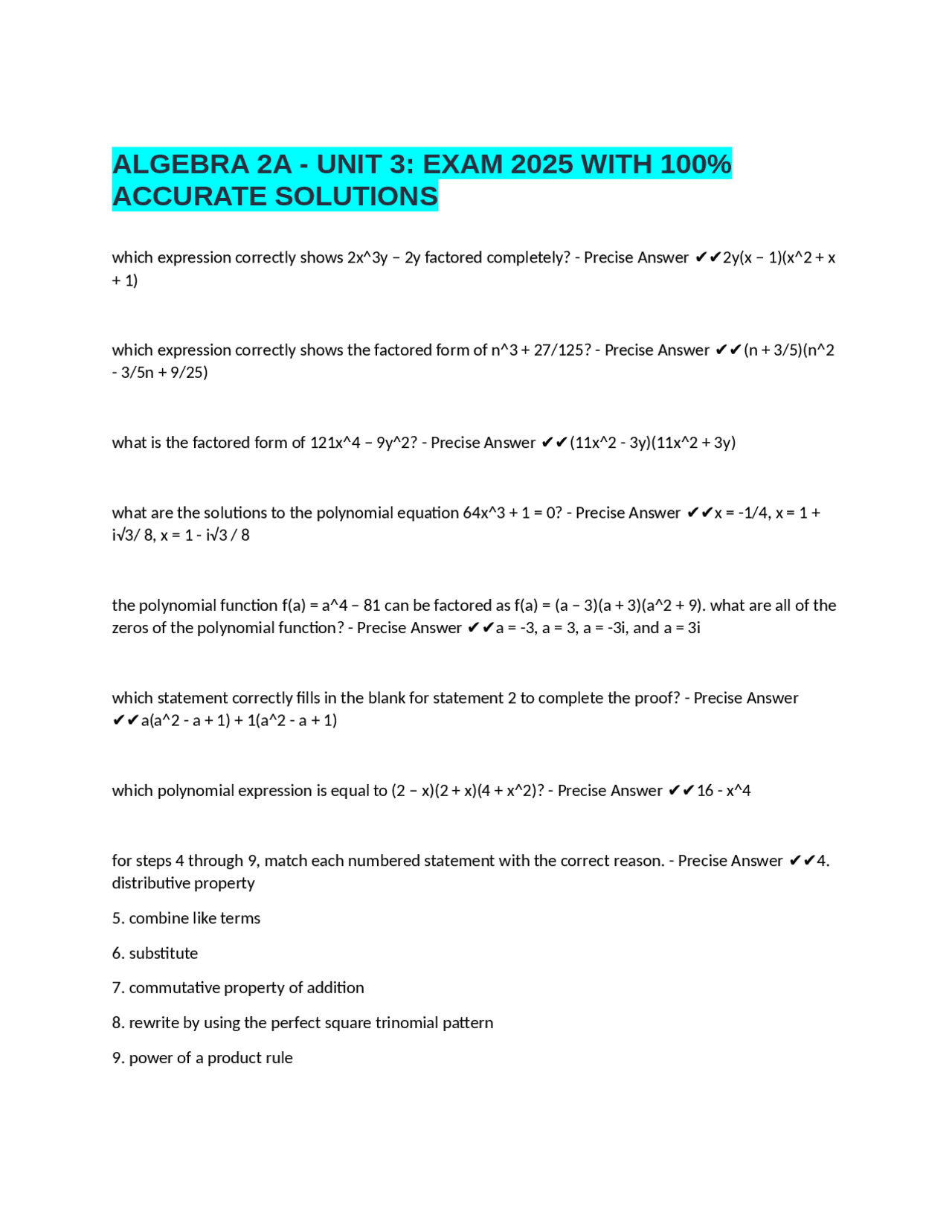 Algebra 2A - Unit 3: Exam 2025 with Solutions | Exams Nursing | Docsity