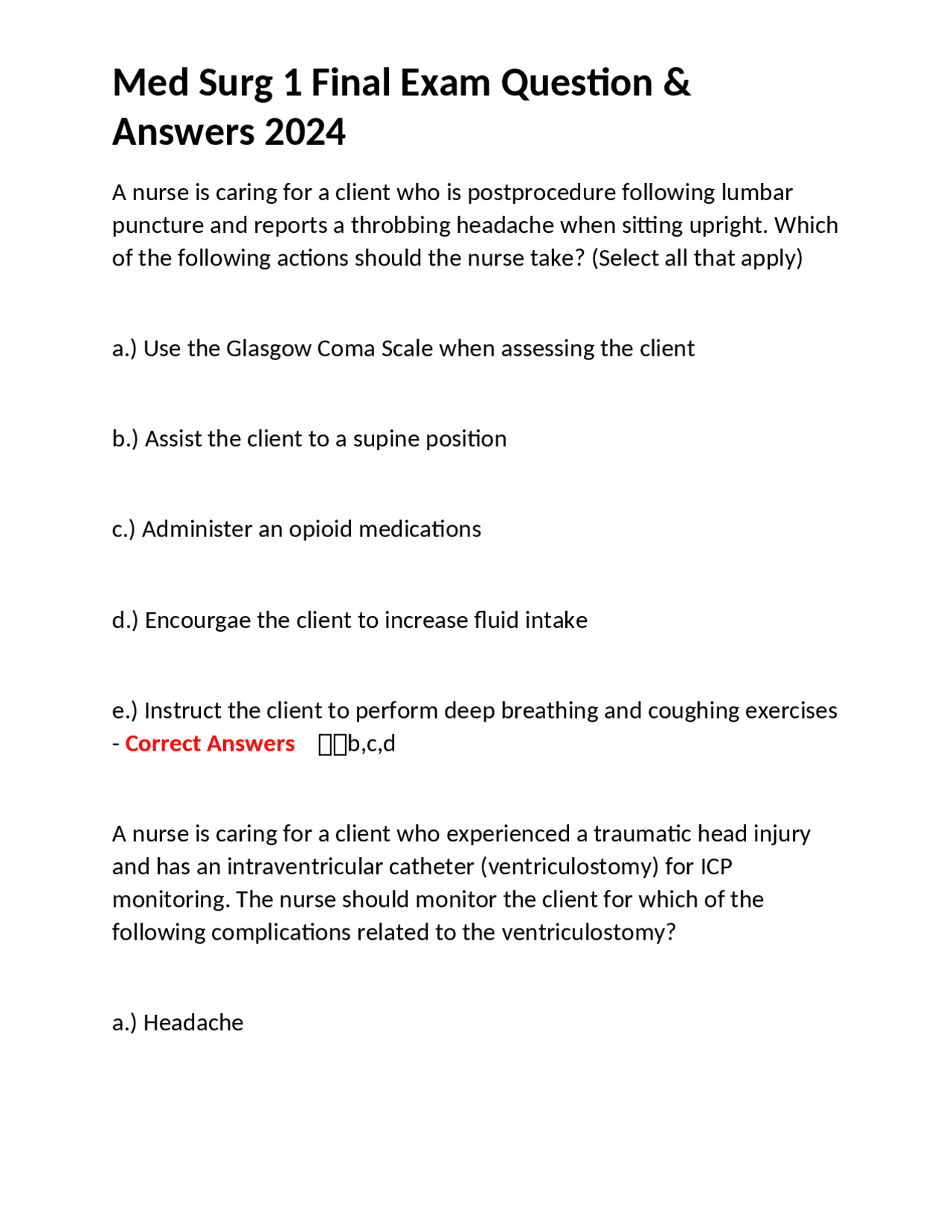 Med Surg 1 Final Exam Questions and Answers 2024 | Exams Nursing | Docsity