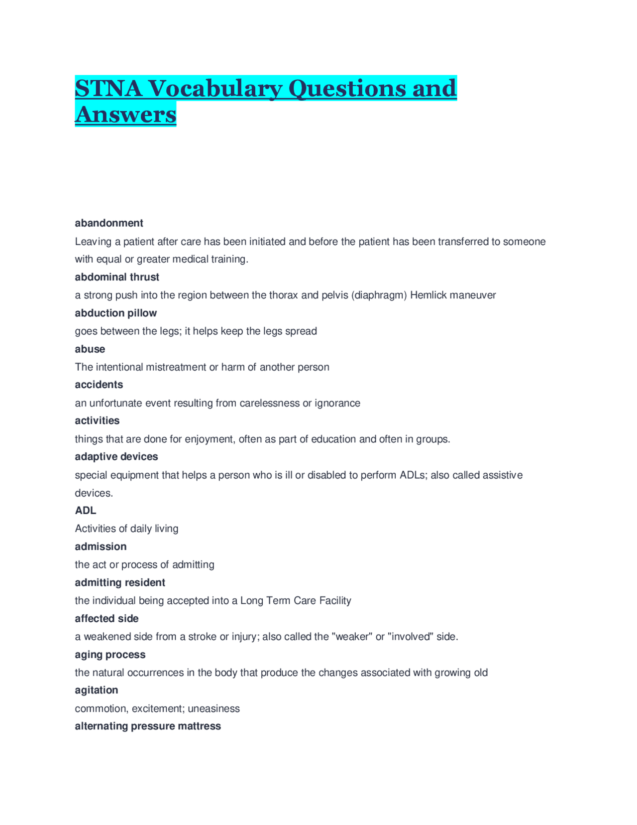 STNA Vocabulary: Definitions and Questions for Nursing Assistants ...