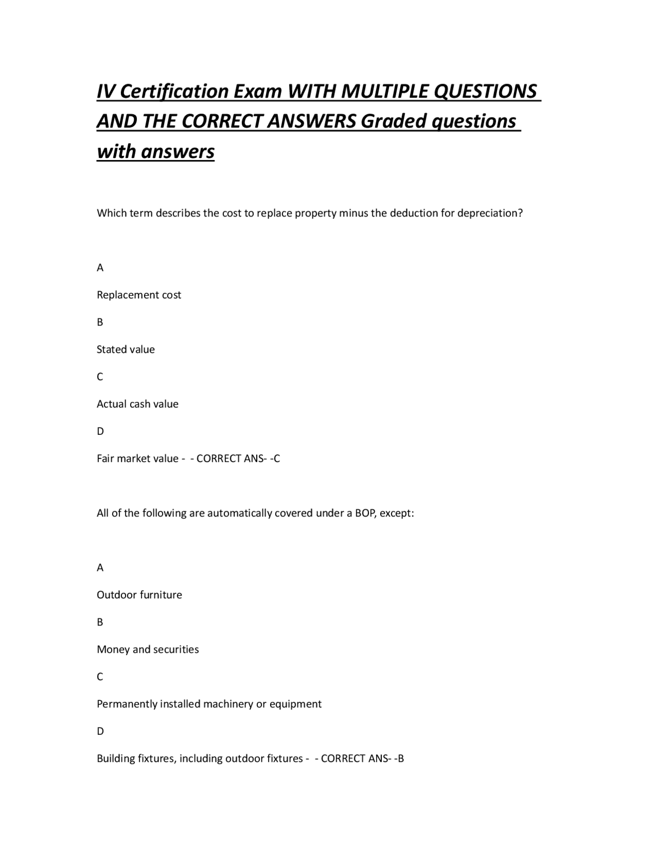 Sample Iv Questions IV Certification Exam: Multiple Questions with Correct Answers, Graded ...