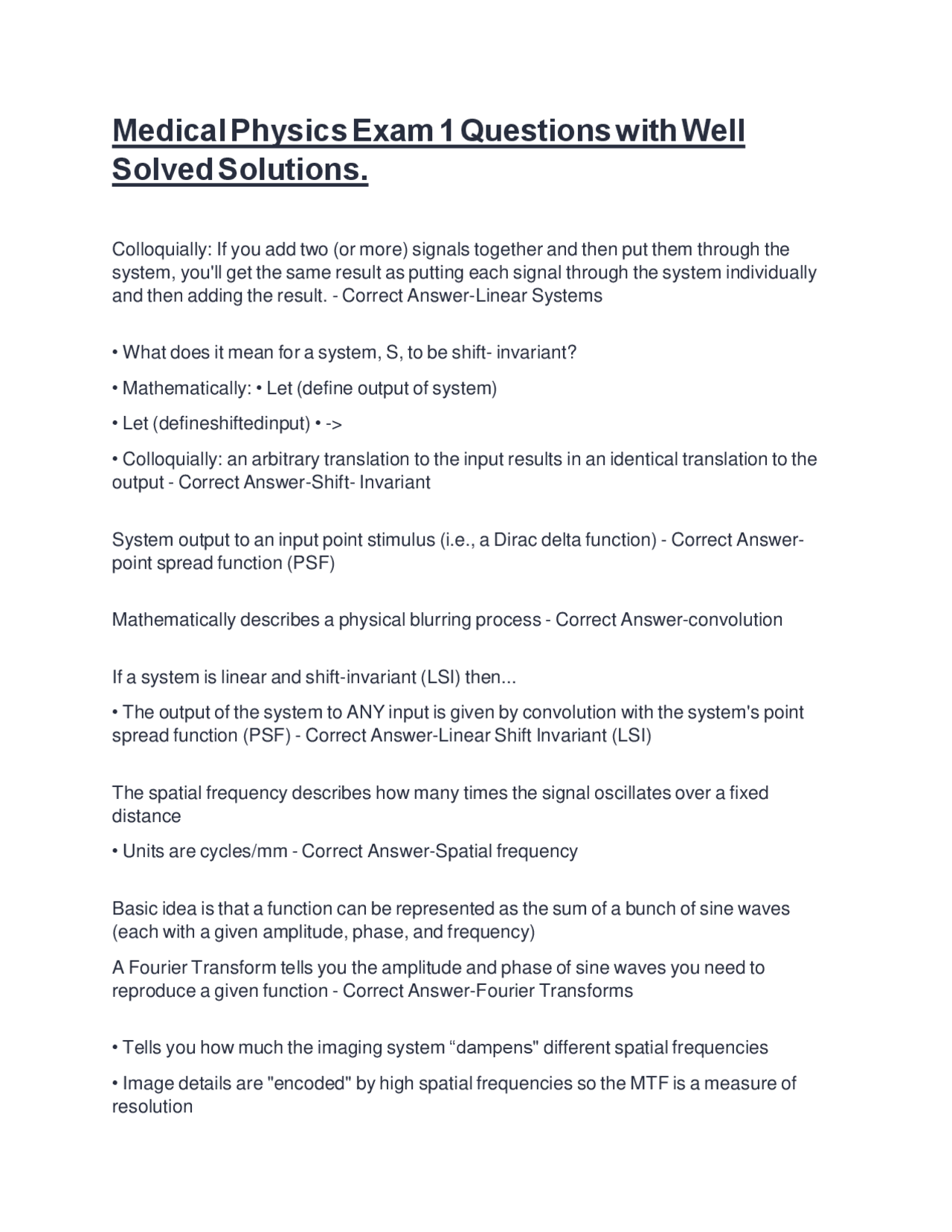 Biomedical Physics Example Question Medical Physics Exam 1: Linear Systems, Fourier Transforms, and X-Ray ...