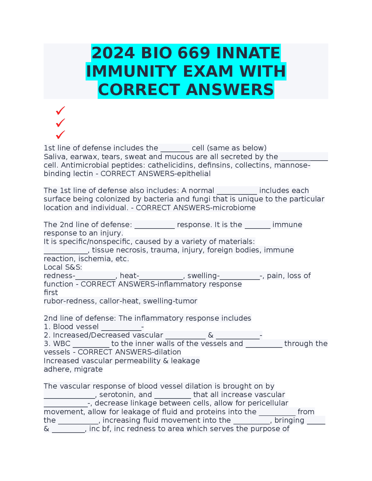 2024 BIO 669 INNATE IMMUNITY EXAM WITH CORRECT ANSWERS | Exams Advanced ...