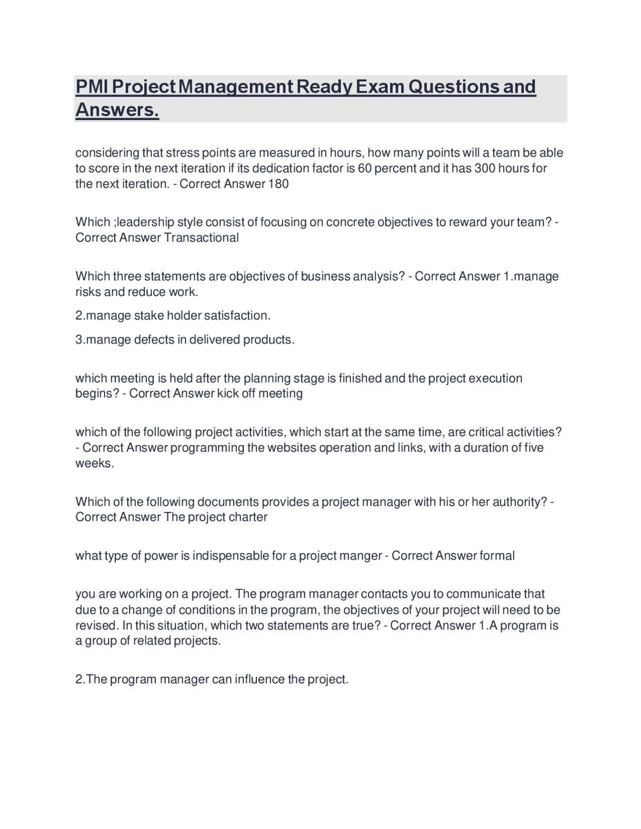 PMI Project Management Ready Exam Questions and Answers | Exams Project ...