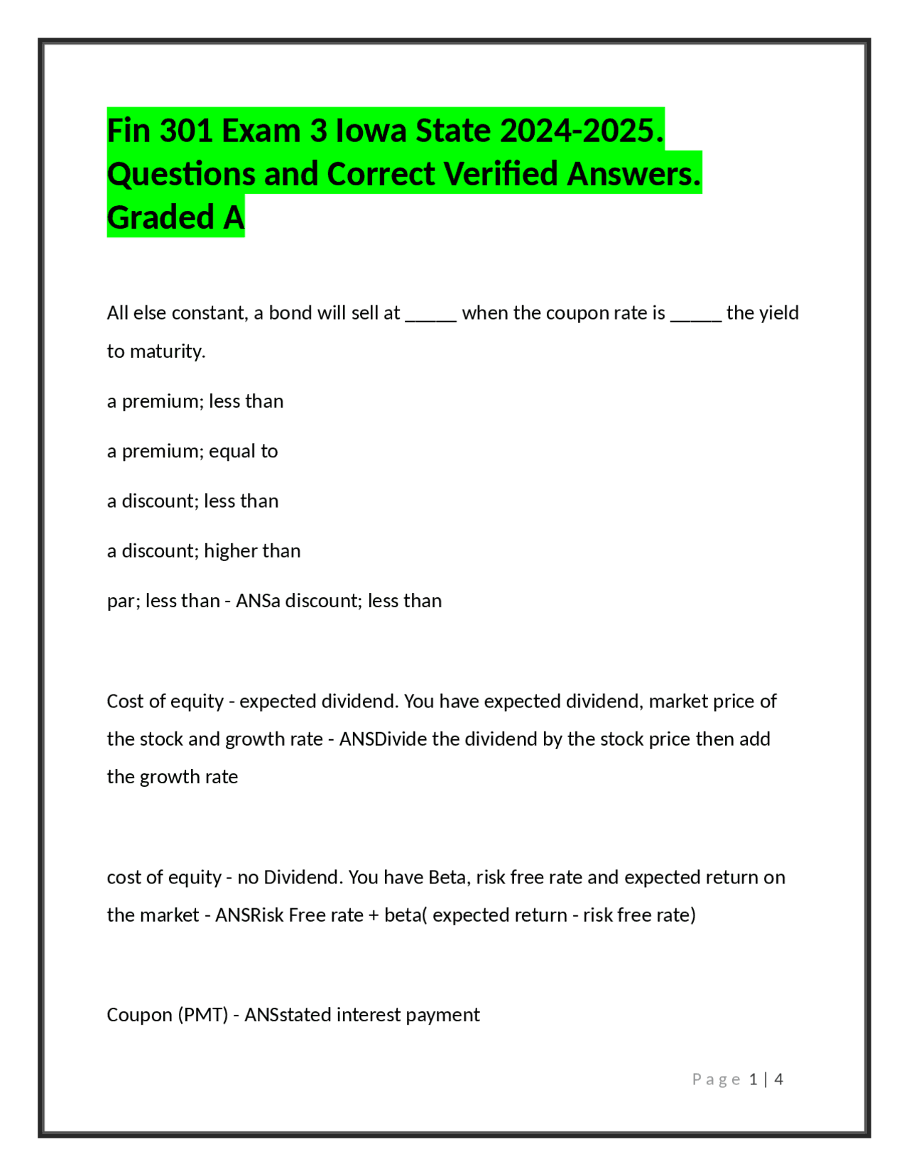 Fin 301 Exam 3: Questions and Answers - Iowa State University 2024-2025 ...