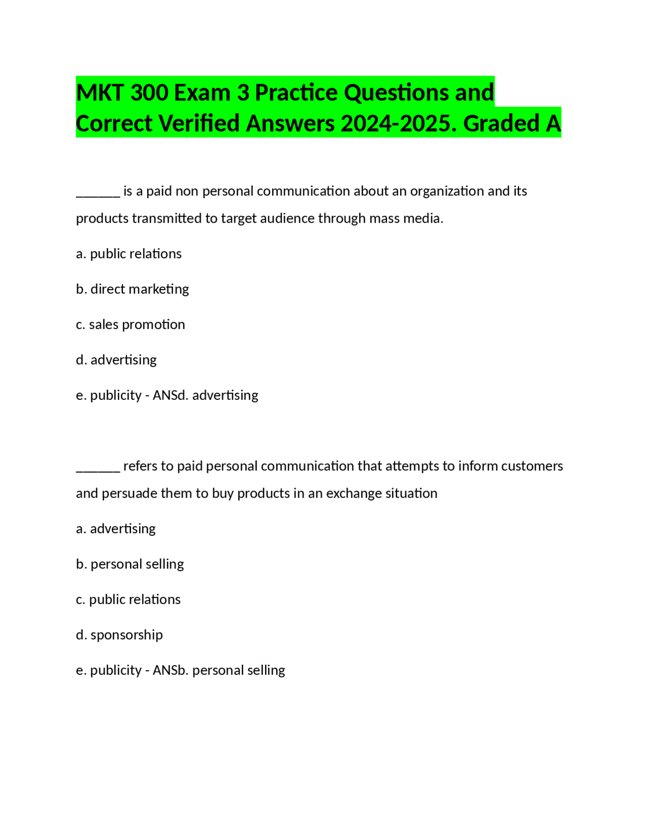MKT 300 Exam 3 Practice Questions and Answers: Marketing Principles and ...