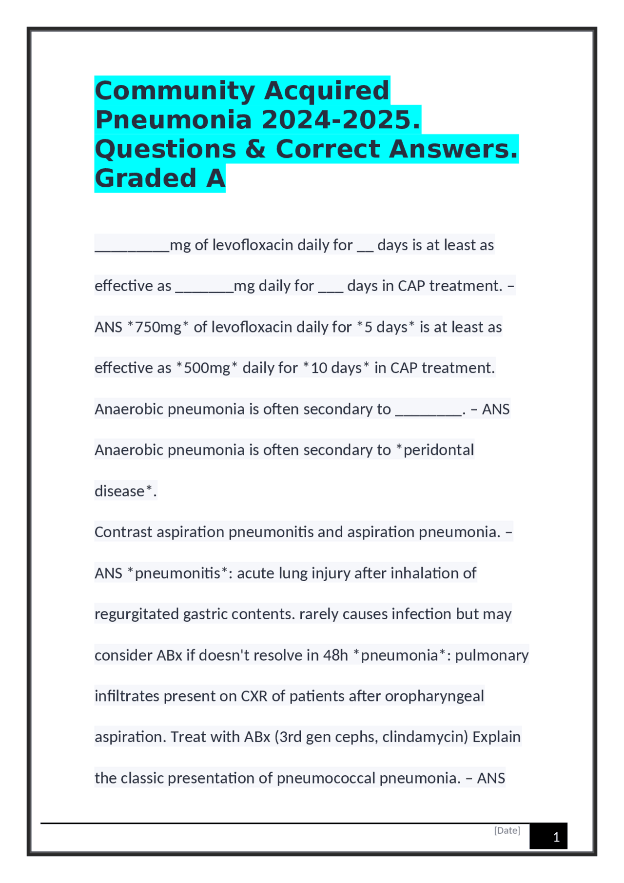 Community Acquired Pneumonia (CAP) Questions & Answers: 2024-2025 ...