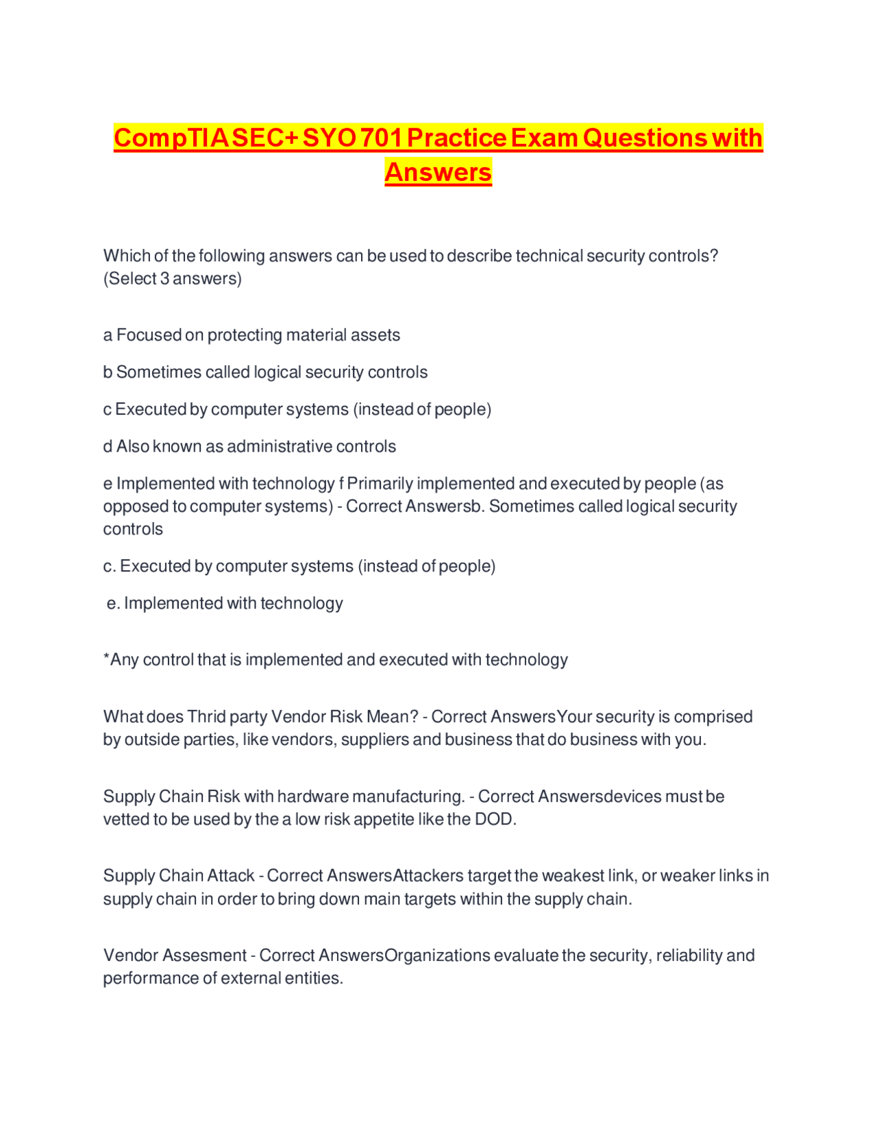 CompTIA SEC+ SYO 701 Practice Exam Questions and Answers | Exams ...