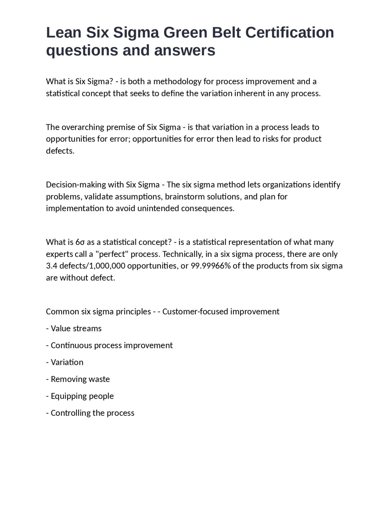 Lean Six Sigma Green Belt Certification questions and answers | Exams ...