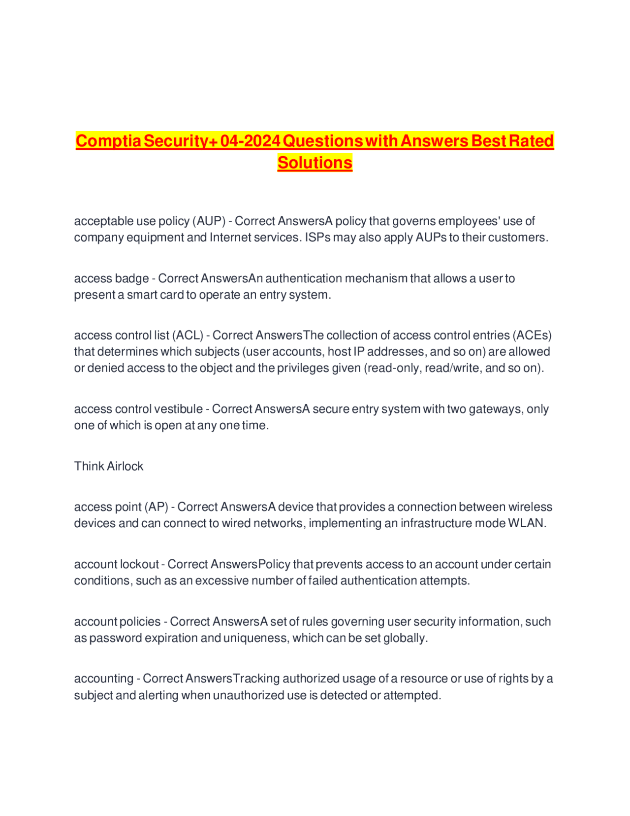 Comptia Security+ 04-2024 Questions with Answers Best Rated Solutions ...