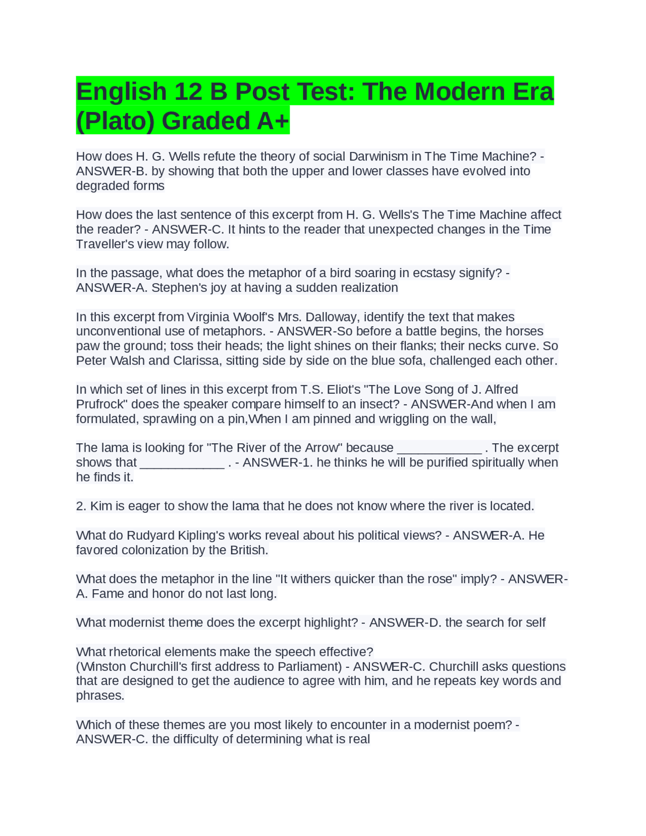 English 12 B Post Test The Modern Era (Plato) | Exams Advanced