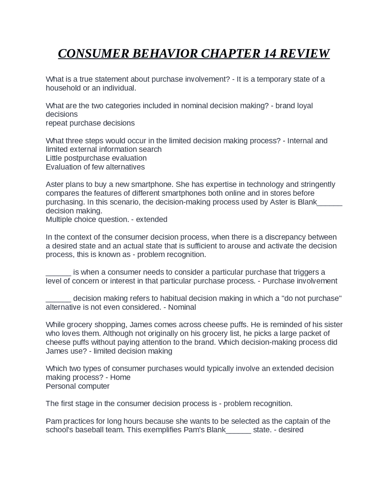 Consumer Behavior: Chapter 14 Review Exercises | Exams Advanced ...