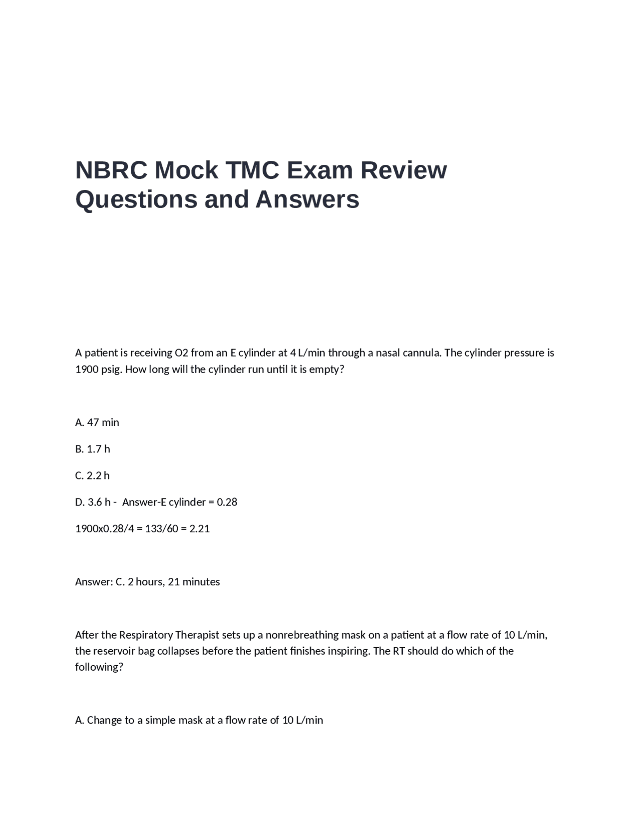 NBRC Mock TMC Exam Review: Questions and Answers for Respiratory ...