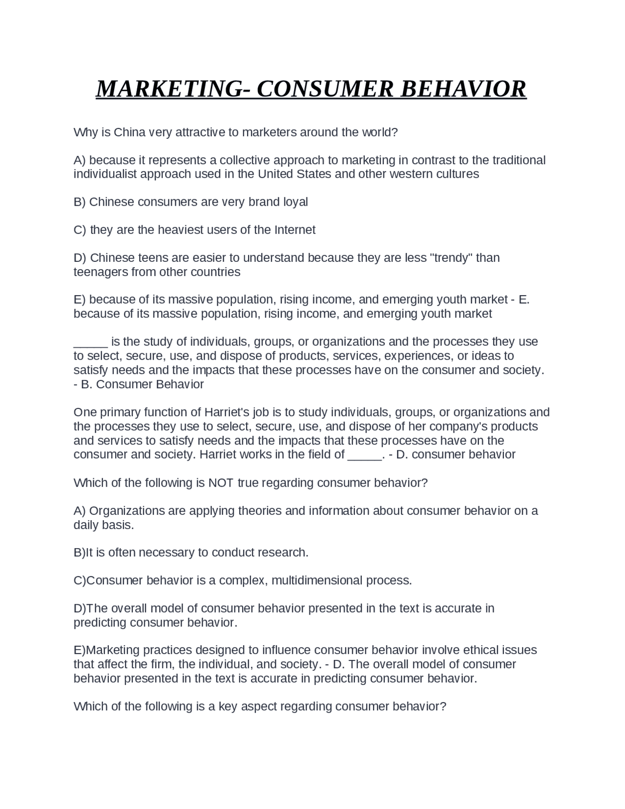 Consumer Behavior: Multiple Choice Questions and Answers | Exams ...