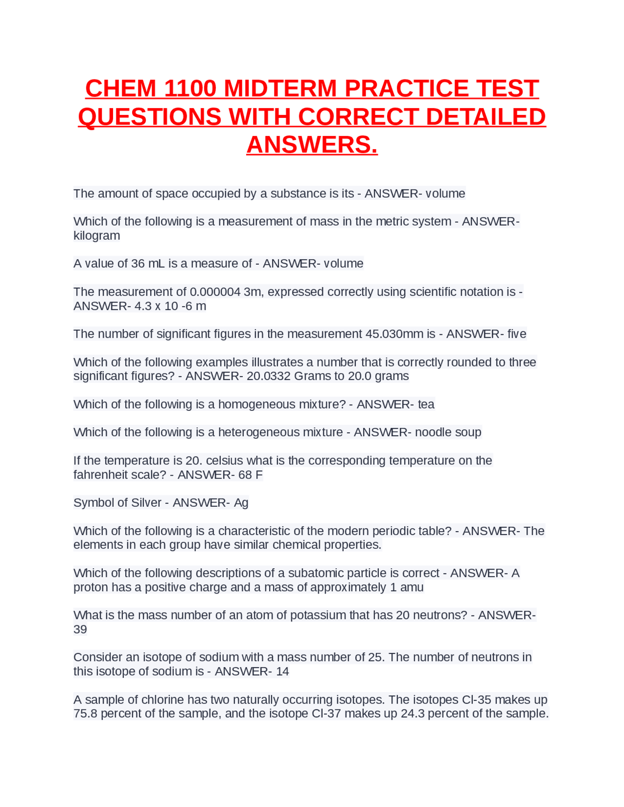 CHEM 1100 Midterm Practice Test: Questions and Answers | Exams Advanced ...