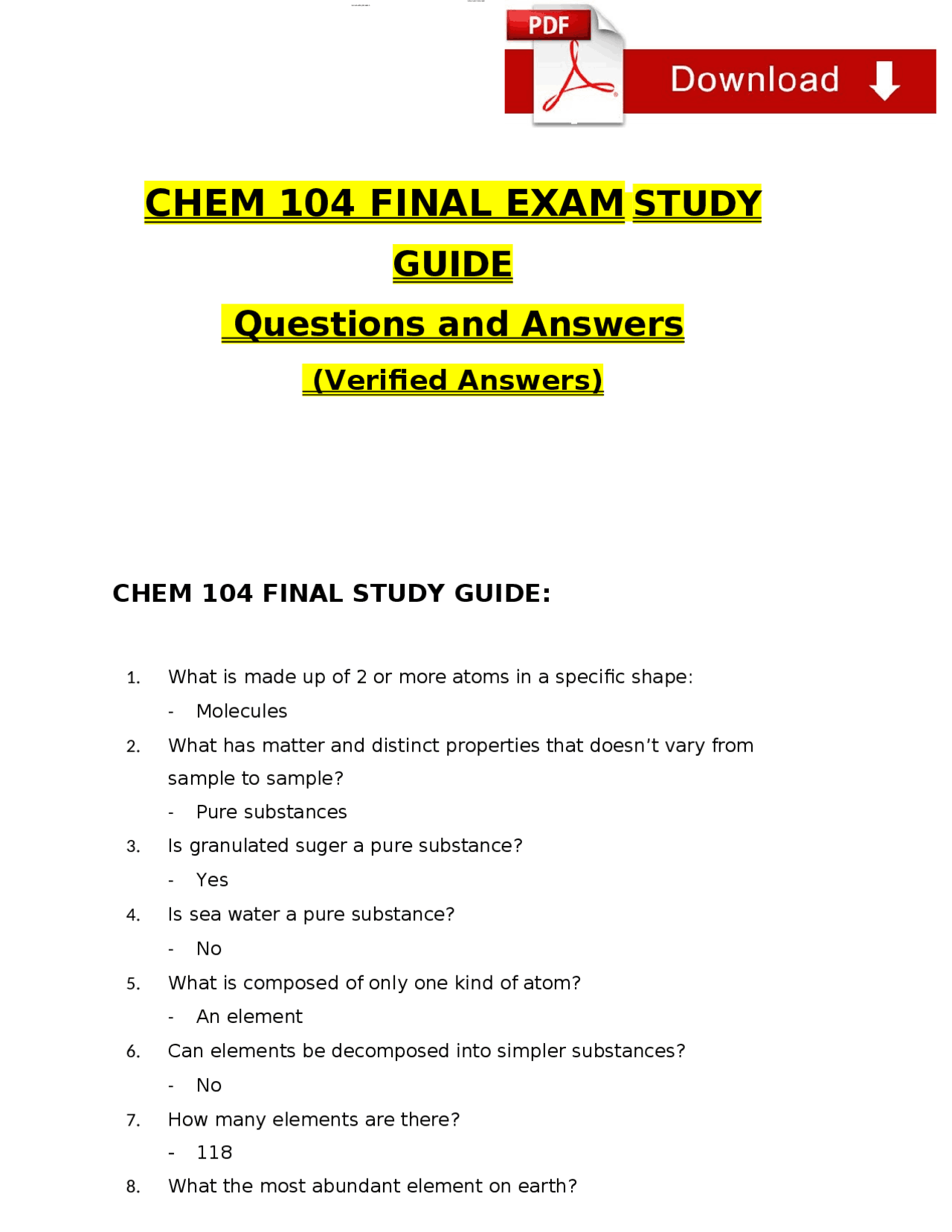 CHEM 104 Final Exam Study Guide: Questions and Answers (Verified ...