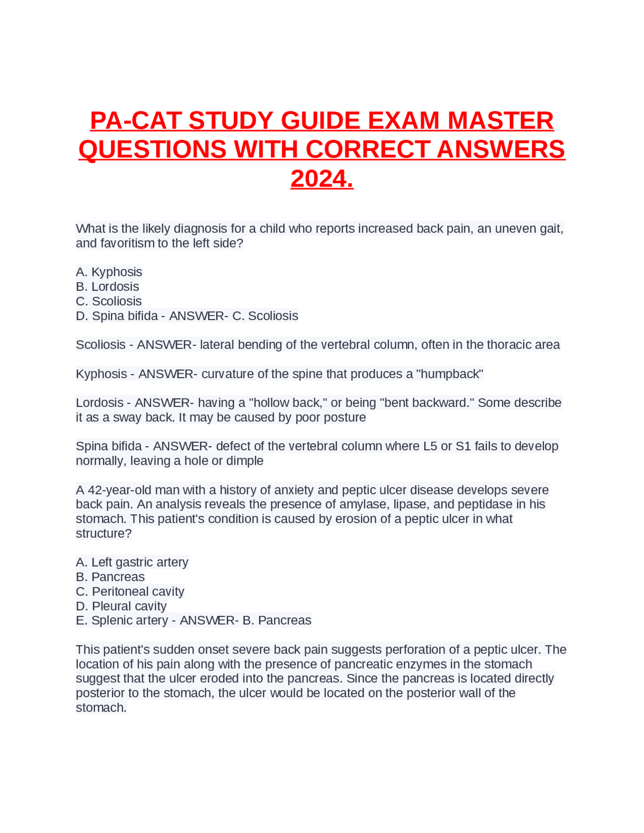 PA-CAT Study Guide Exam Master: Questions with Correct Answers | Exams ...