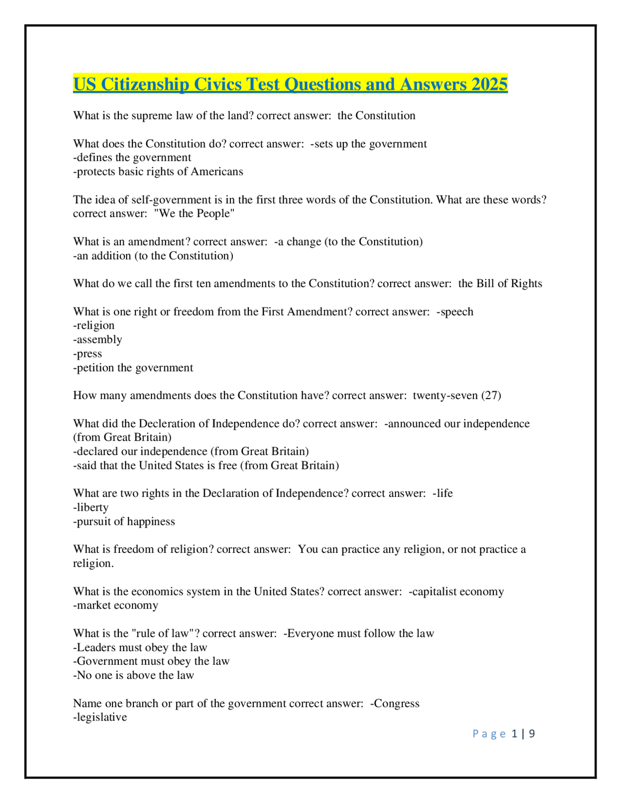 US Citizenship Civics Test Questions and Answers 2025 | Exams History ...