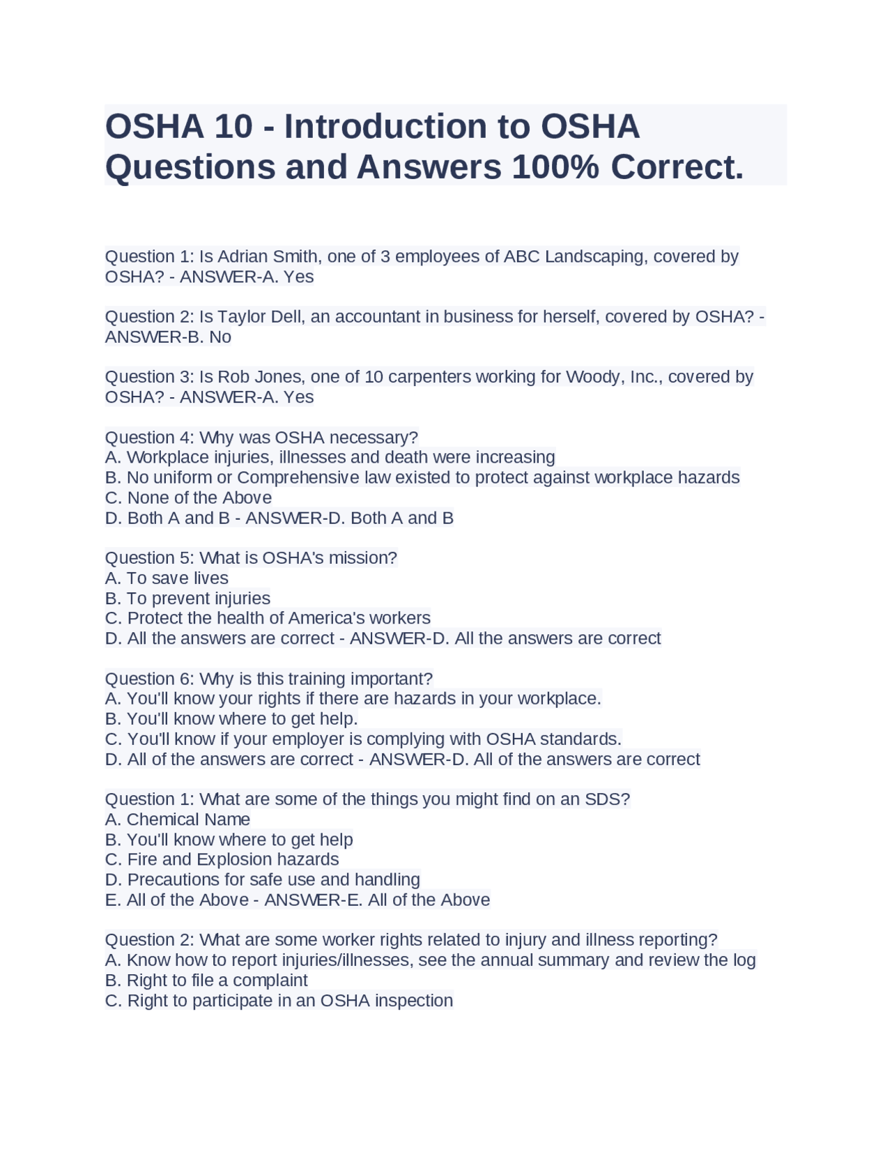 OSHA 10 - Introduction to OSHA: Questions and Answers | Exams Workplace ...