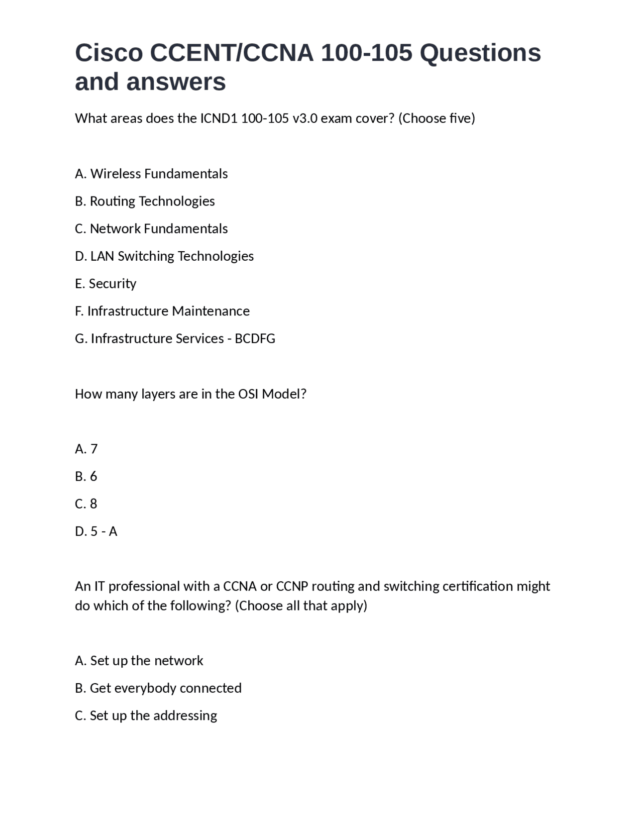 Cisco CCENT/CCNA 100-105 Questions and answers | Exams Nursing | Docsity